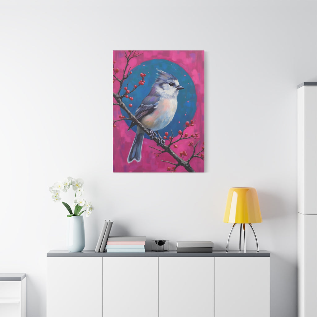 Blue jay on a holly branch Wall Art - Stretched Canvas
