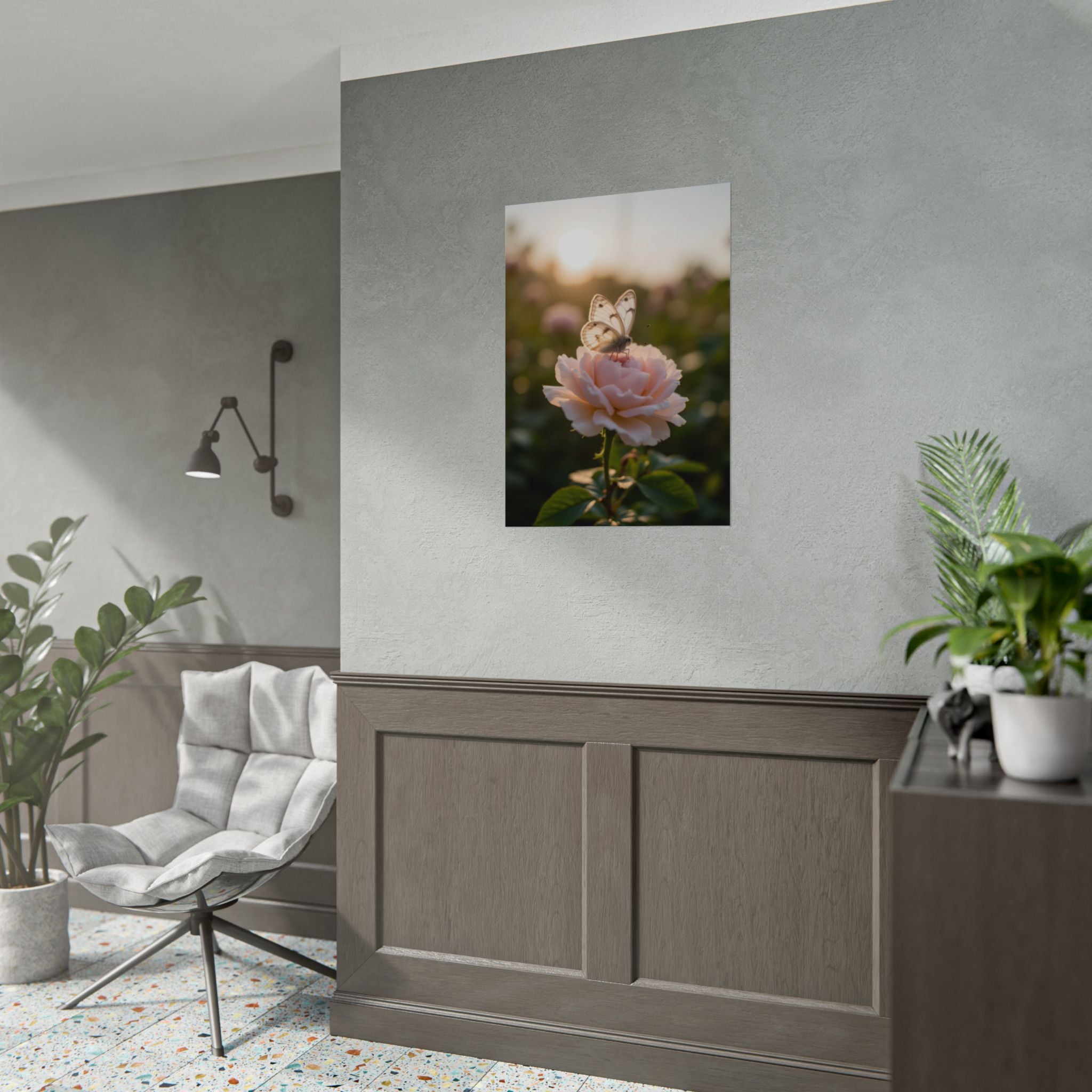 Butterfly on Pink Rose Wall Art - Poster