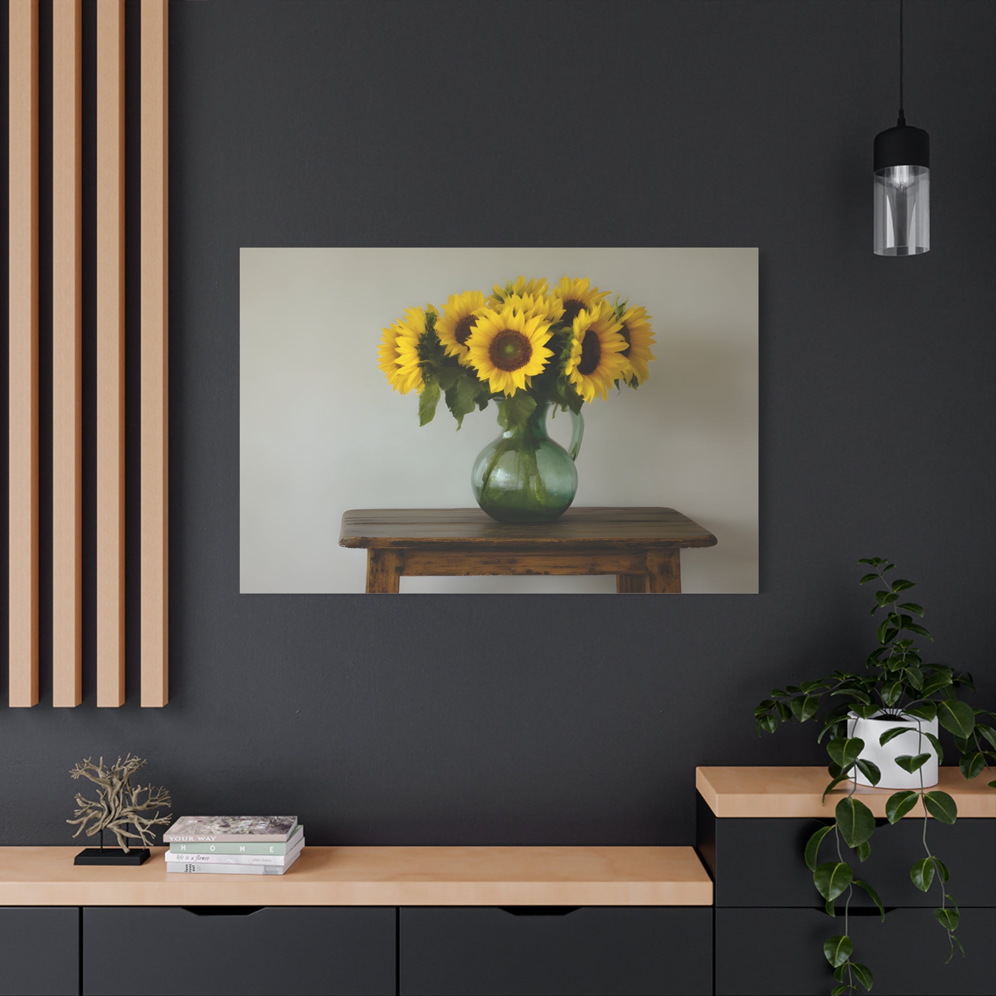 Sunflowers in Green Pitcher Wall Art - Stretched Canvas