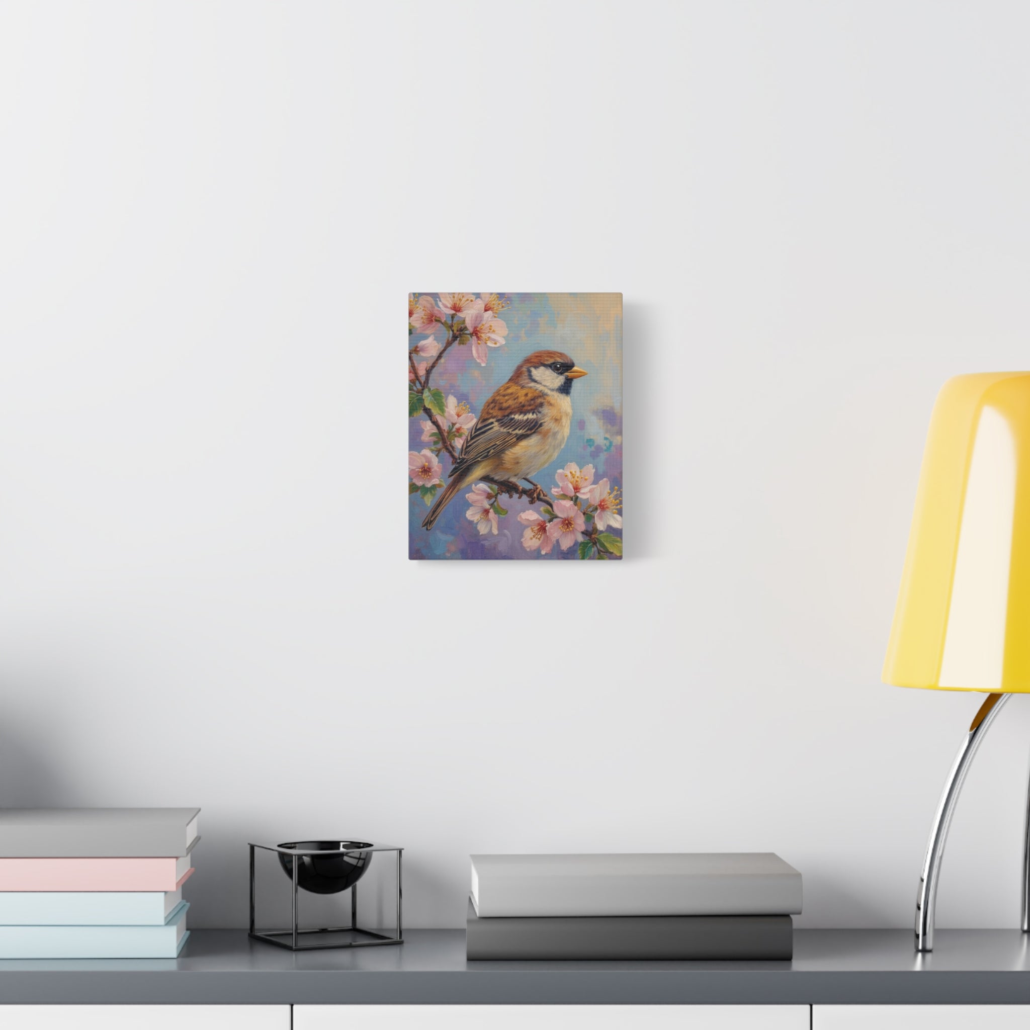 Sparrow on Cherry Blossoms Matte Stretched Canvas
