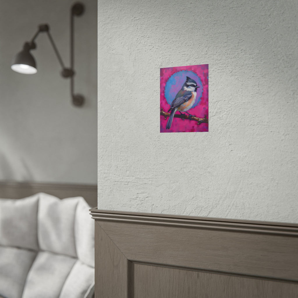 Colorful Songbird Poster — Blue Jay Art Print on Vibrant Pink Background