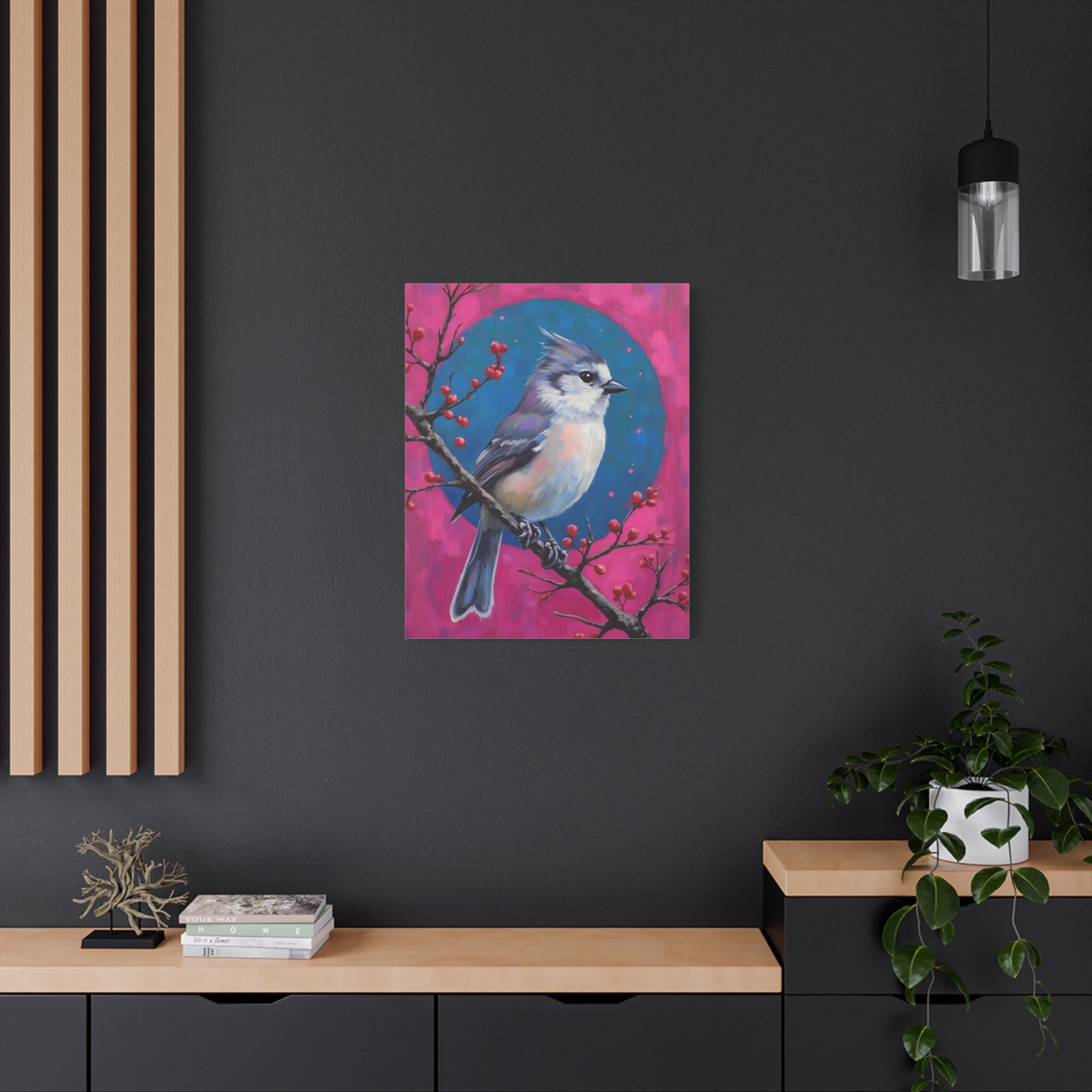 Blue jay on a holly branch Wall Art - Stretched Canvas