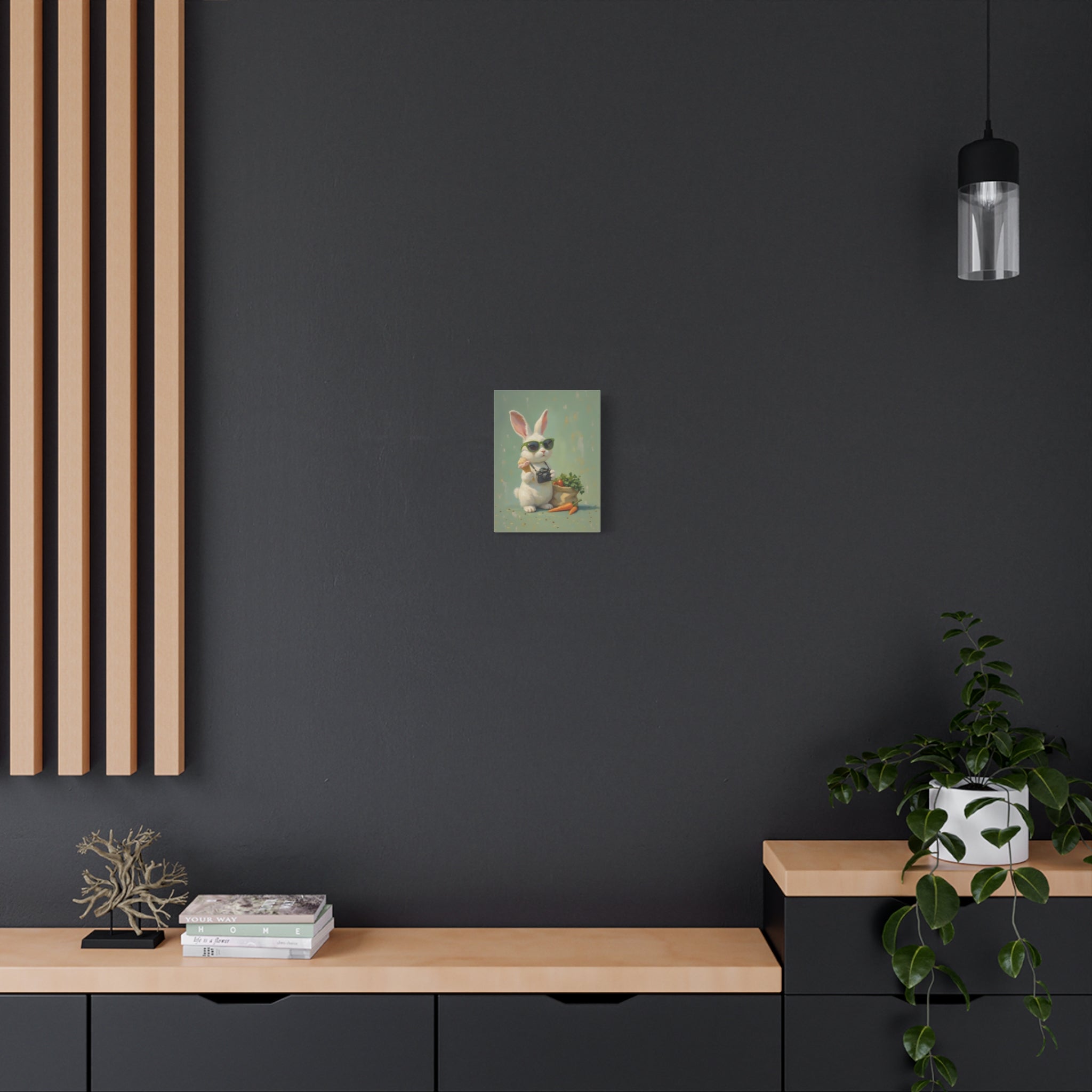 Green Bunny Canvas Wall Art — Photographer Bunny with Carrots & Ice Cream