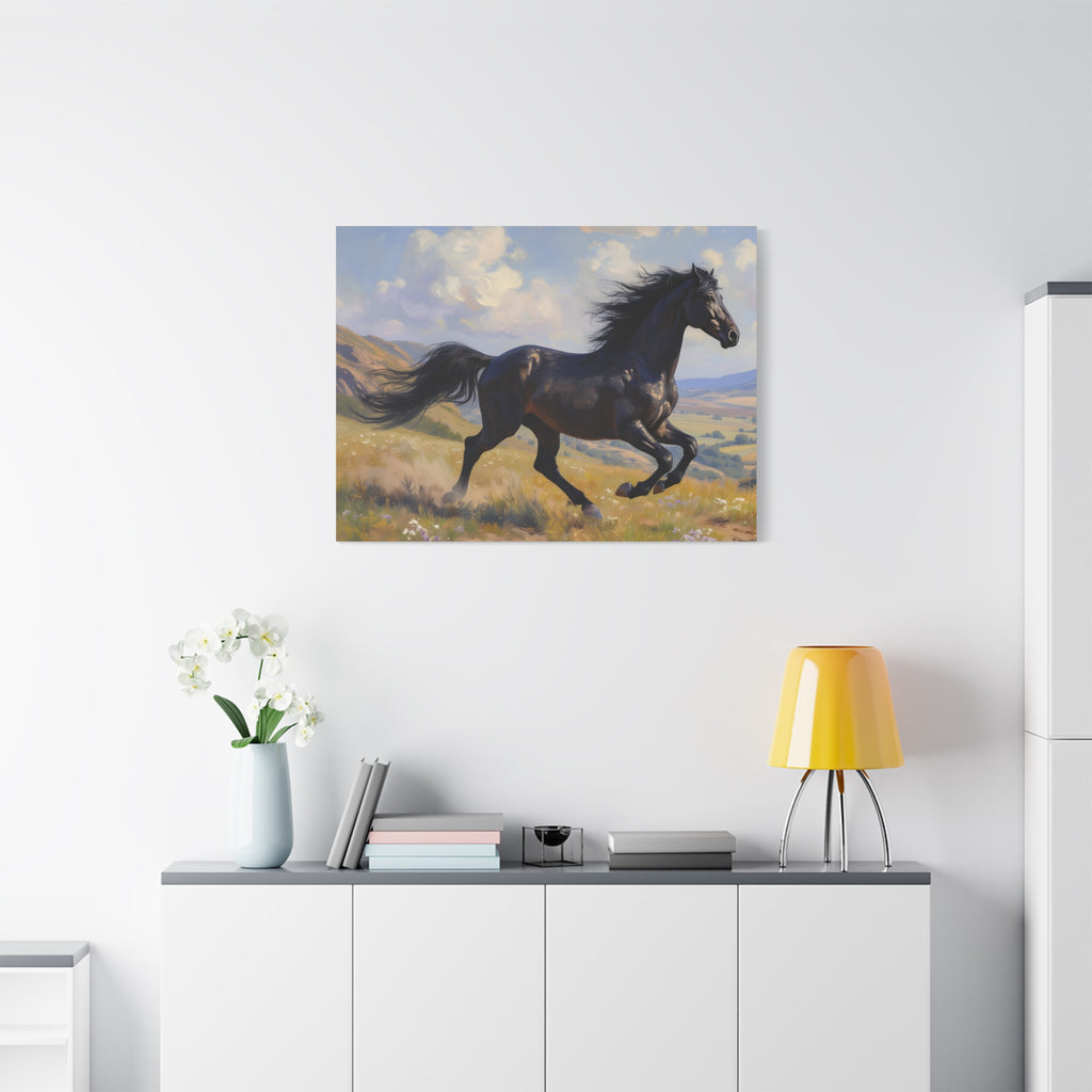 Running Black Stallion Wall Art - Horse Painting - Stretched Canvas