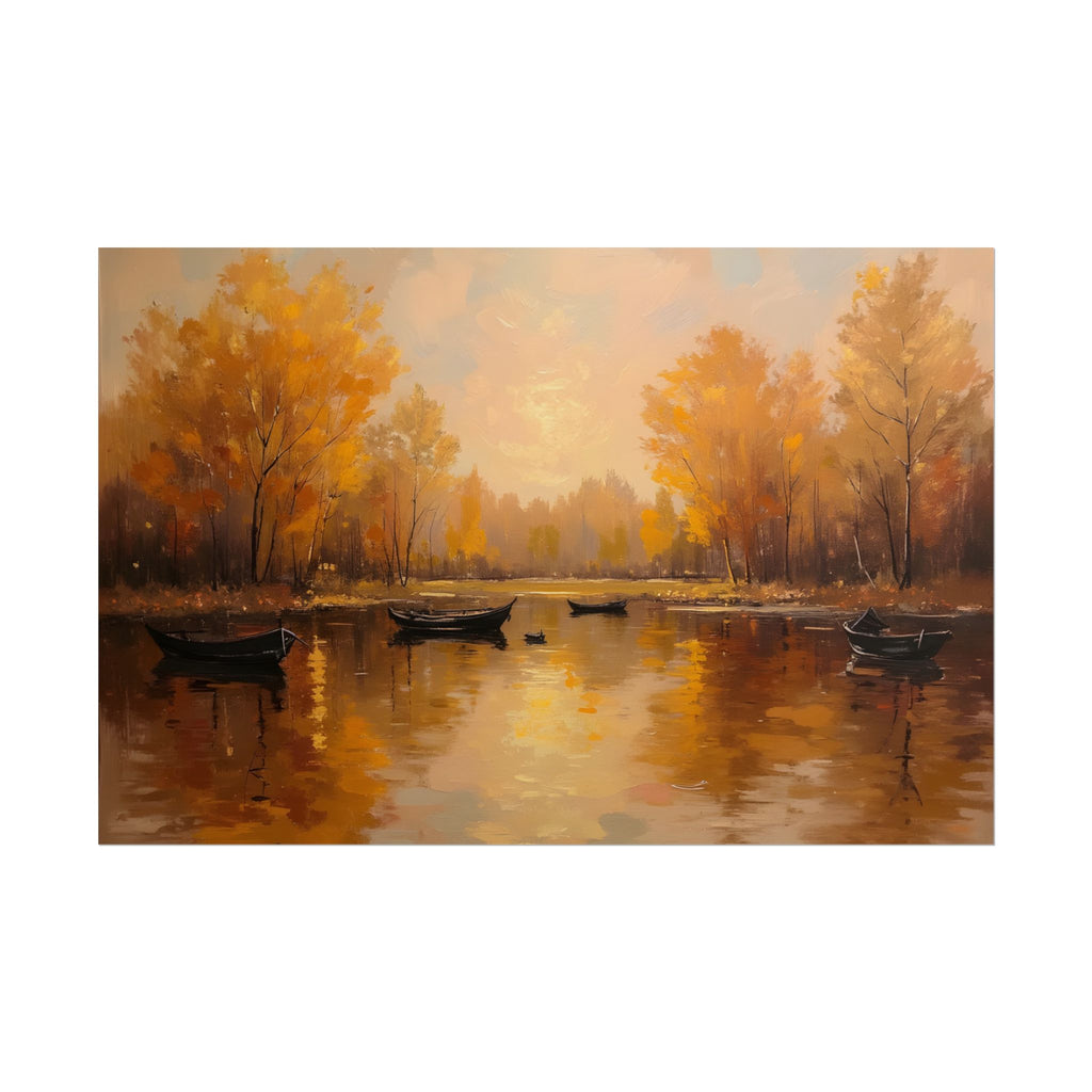 Autumn at the lake with rowboats - Poster