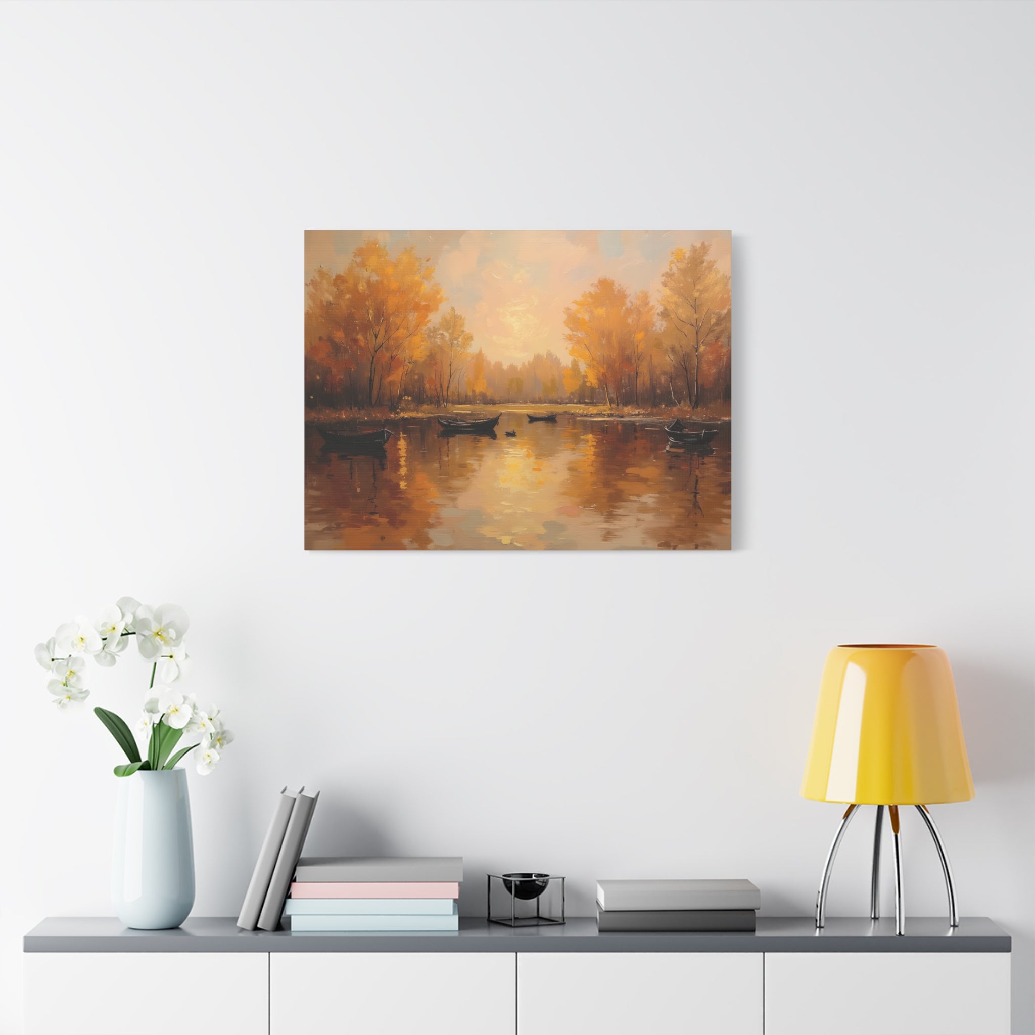 Autumn at the lake with rowboats Wall Art - Stretched Canvas