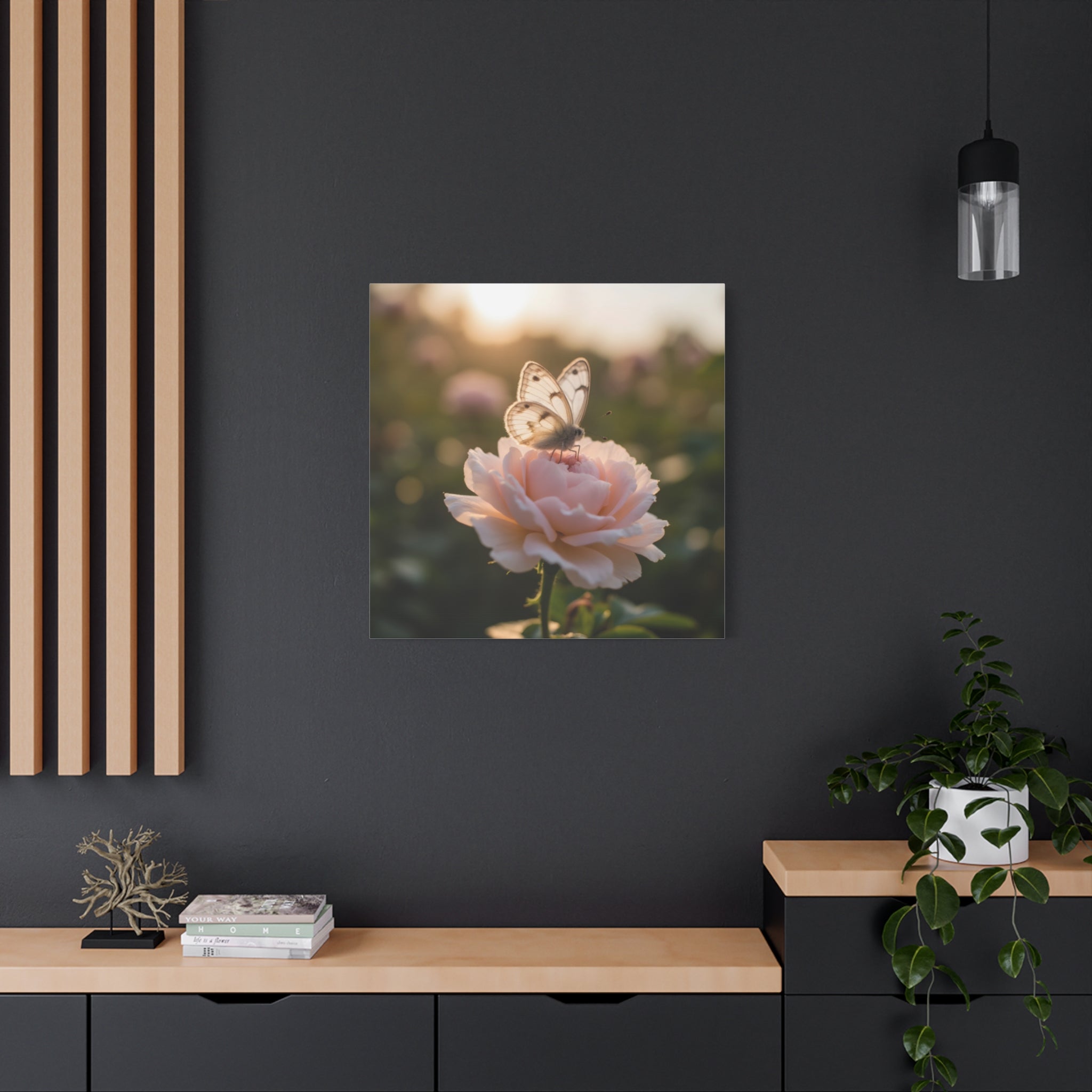 Butterfly on Pink Rose Wall Art - Stretched Canvas