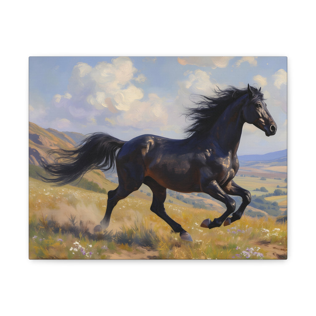 Running Black Stallion Wall Art - Horse Painting - Stretched Canvas