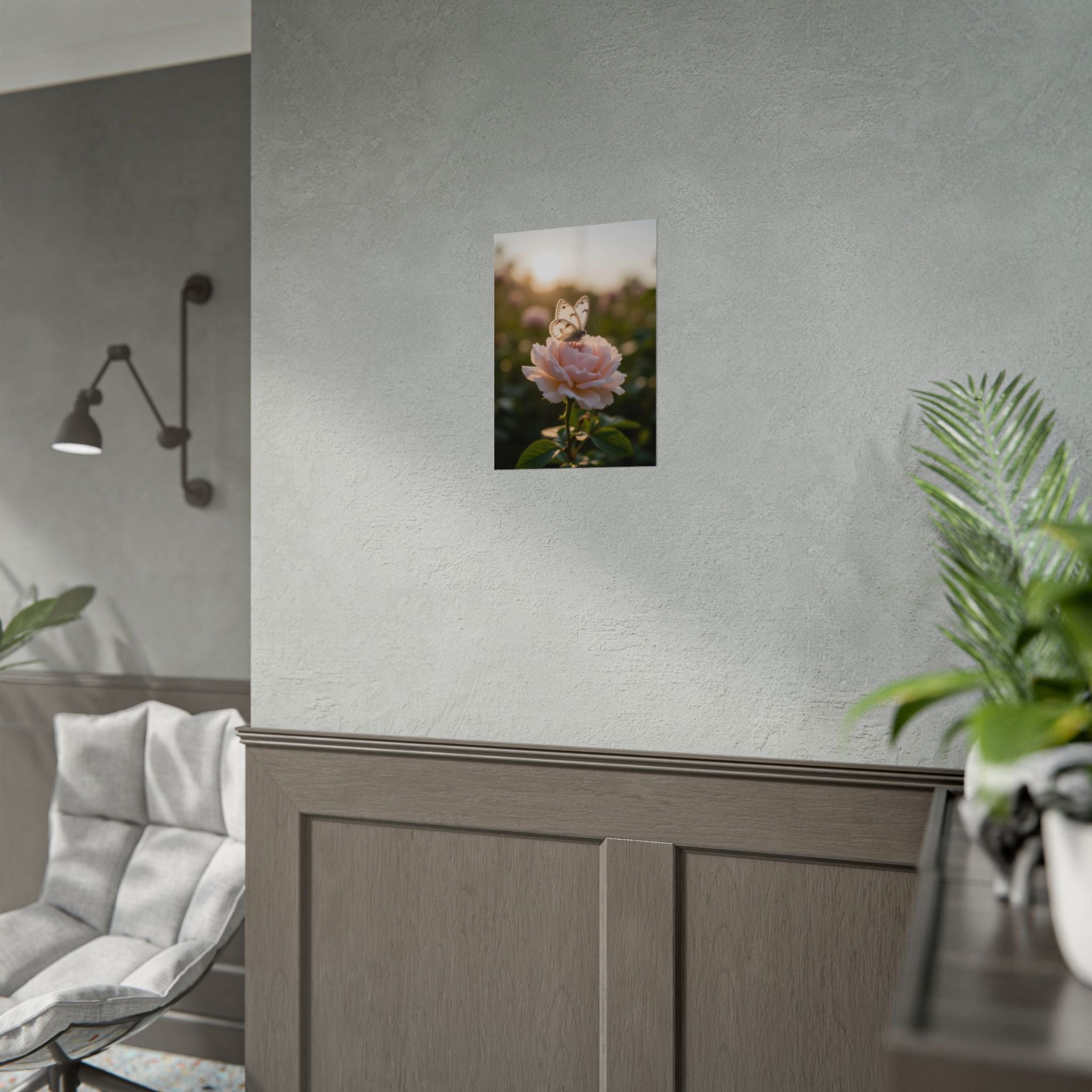 Butterfly on Pink Rose Wall Art - Poster