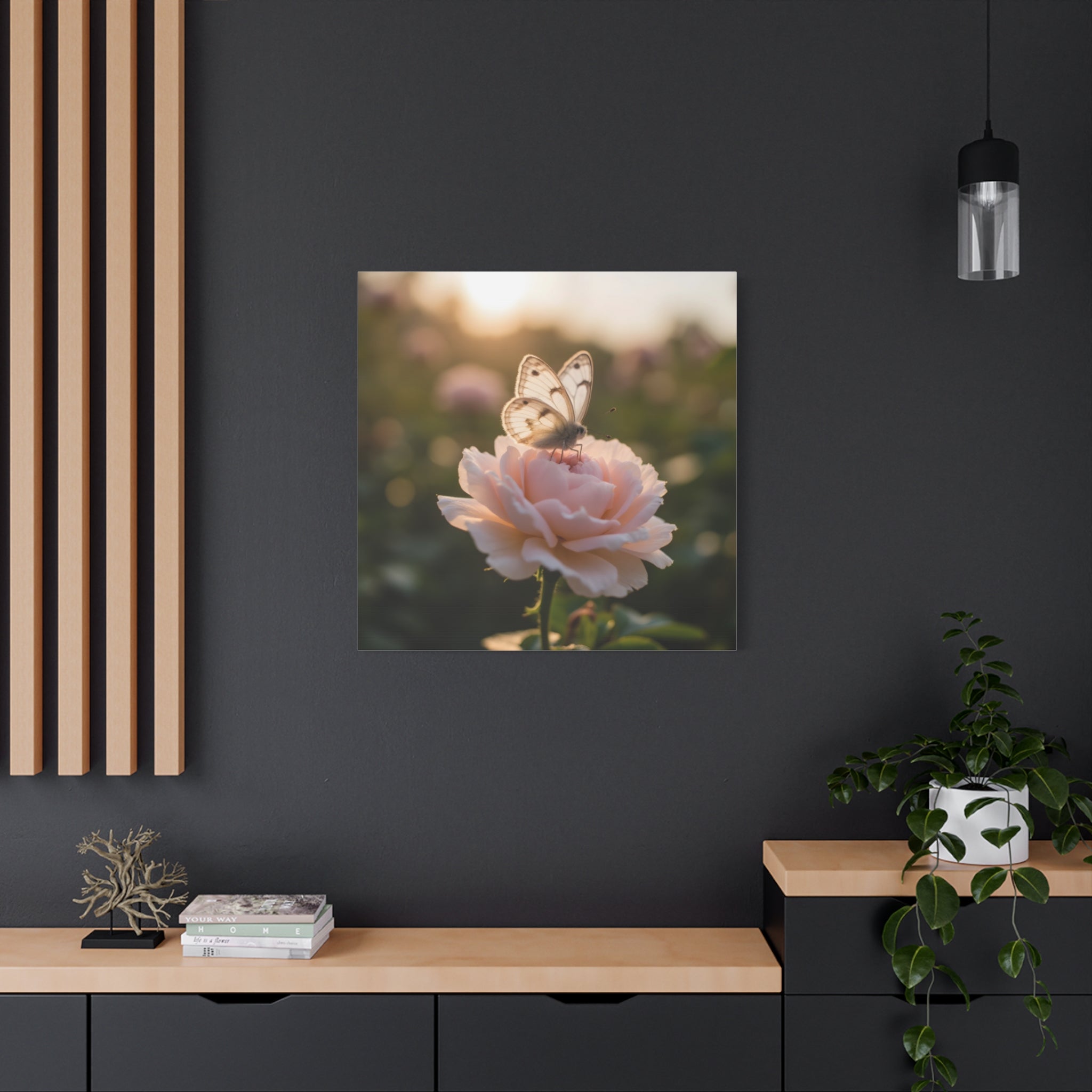 Butterfly on Pink Rose Wall Art - Stretched Canvas