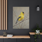 Goldfinch Wall Art Canvas — Yellow Songbird Painting on Branch, Matte Stretched Canvas