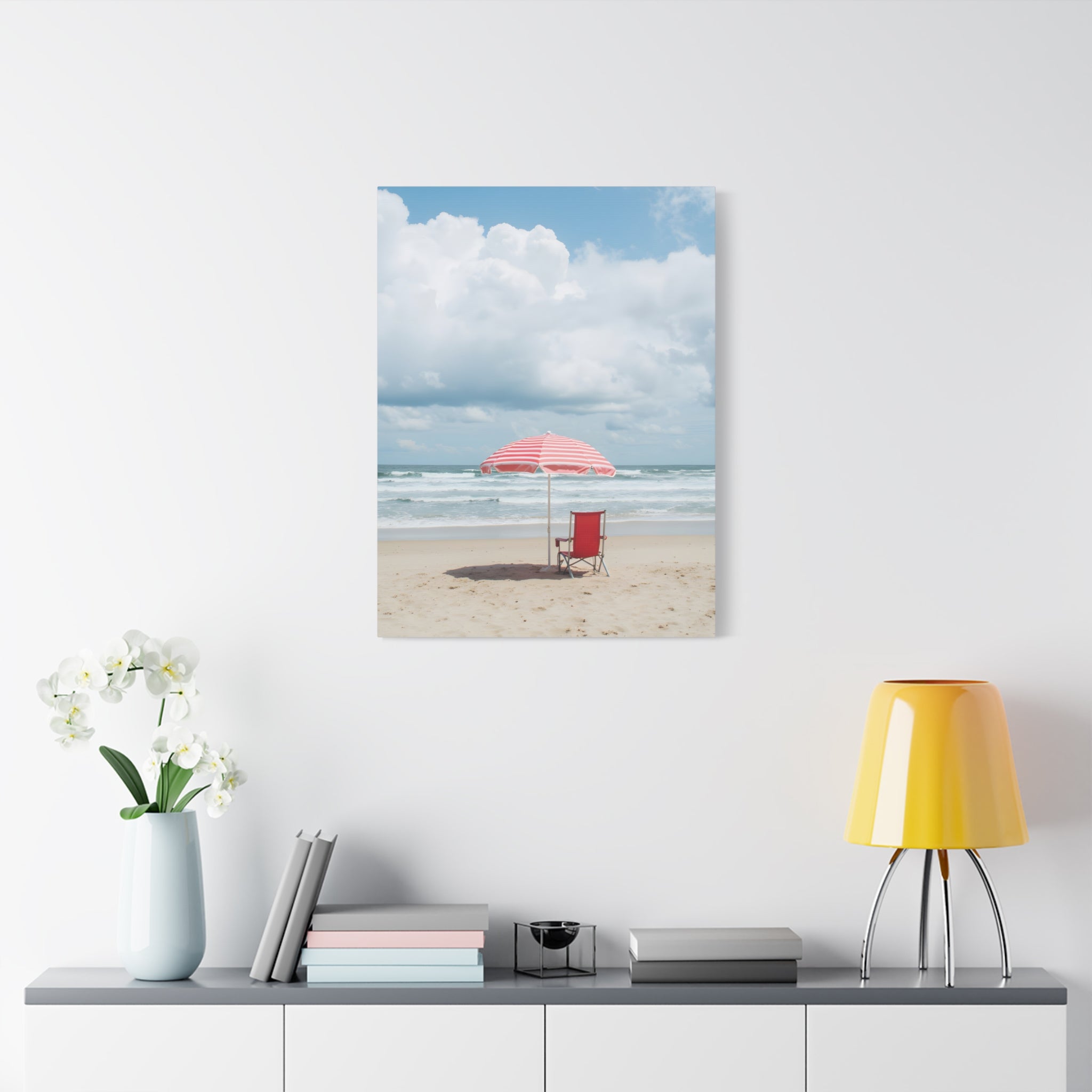 Sun-drenched beach memory with beach chair and umbrella Canvas Wall Art - Stretched Canvas