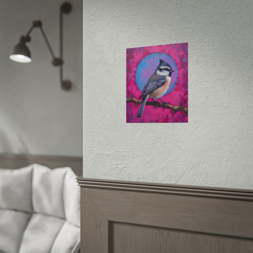 Colorful Songbird Poster — Blue Jay Art Print on Vibrant Pink Background