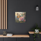 Butterfly on Pink Rose Wall Art - Stretched Canvas