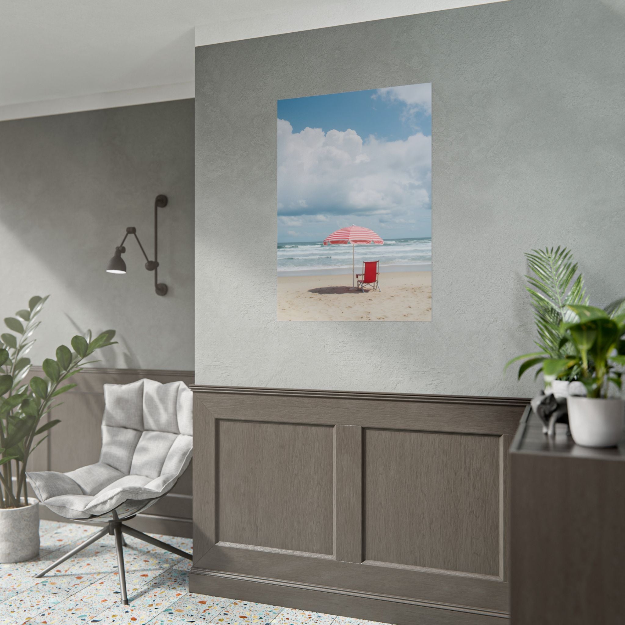 Sun-drenched beach memory with beach chair and umbrella - Poster
