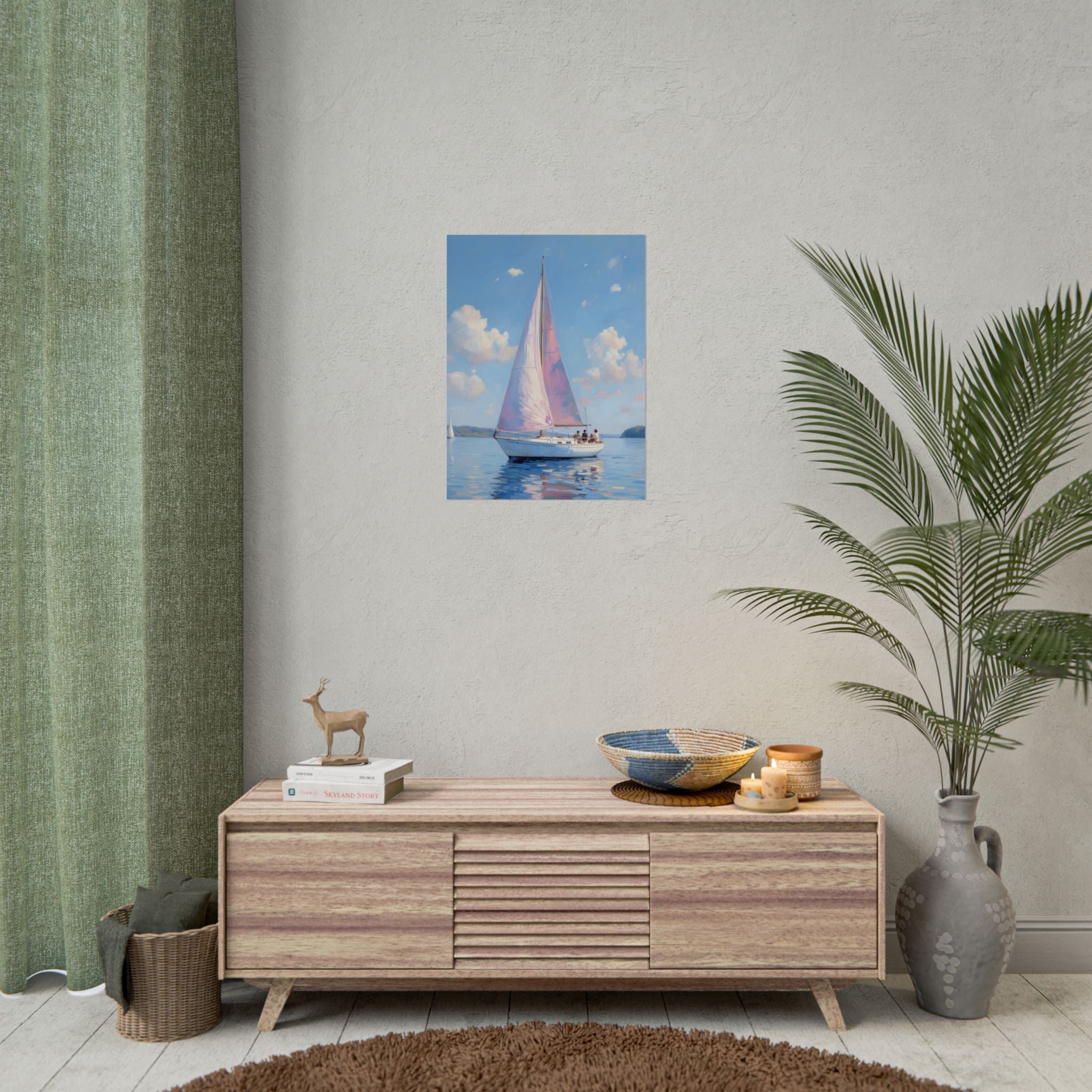 Sailing boat on calm water with pink accents - Poster