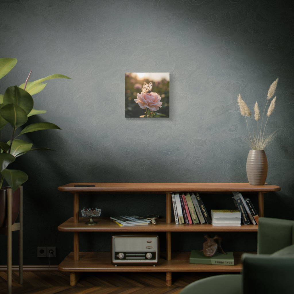 Butterfly on Pink Rose Wall Art - Stretched Canvas