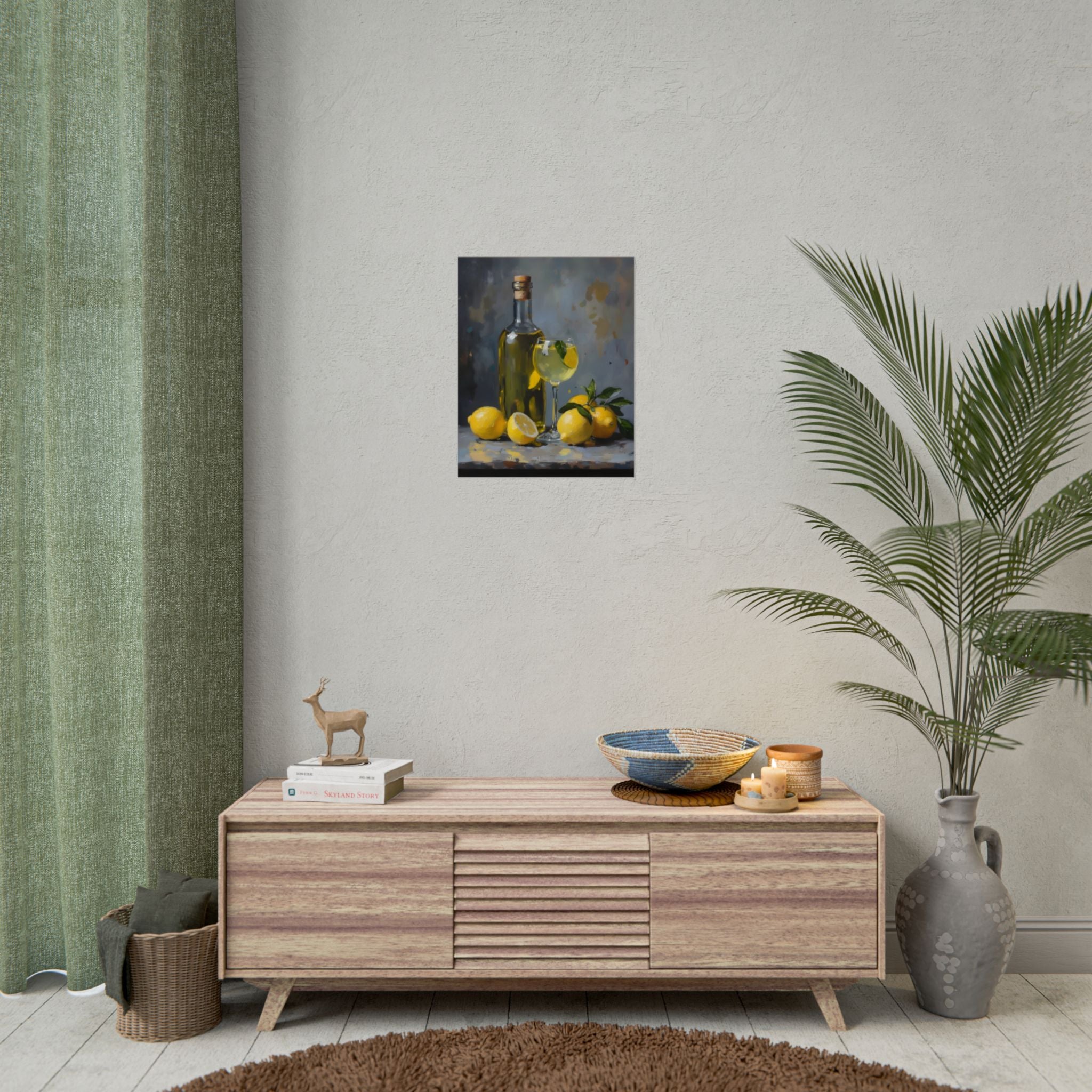Limoncello with lemons Still Life Rolled Poster – Citrus Bottle Art Print