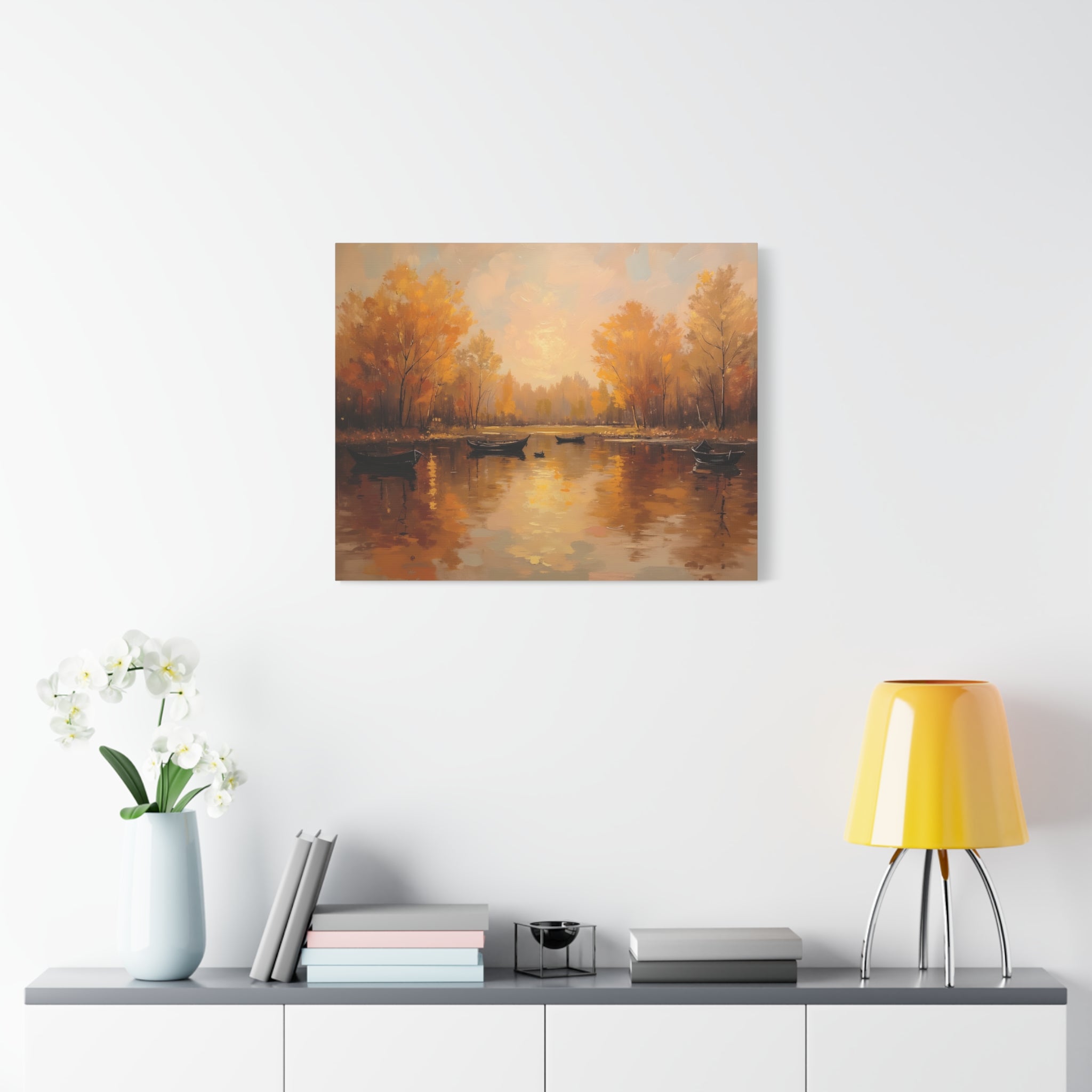 Autumn at the lake with rowboats Wall Art - Stretched Canvas