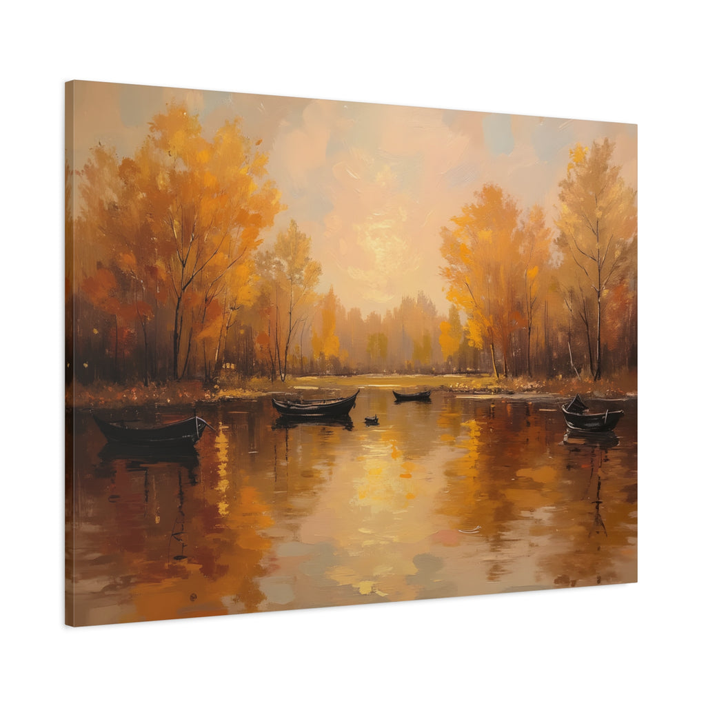 Autumn at the lake with rowboats Wall Art - Stretched Canvas