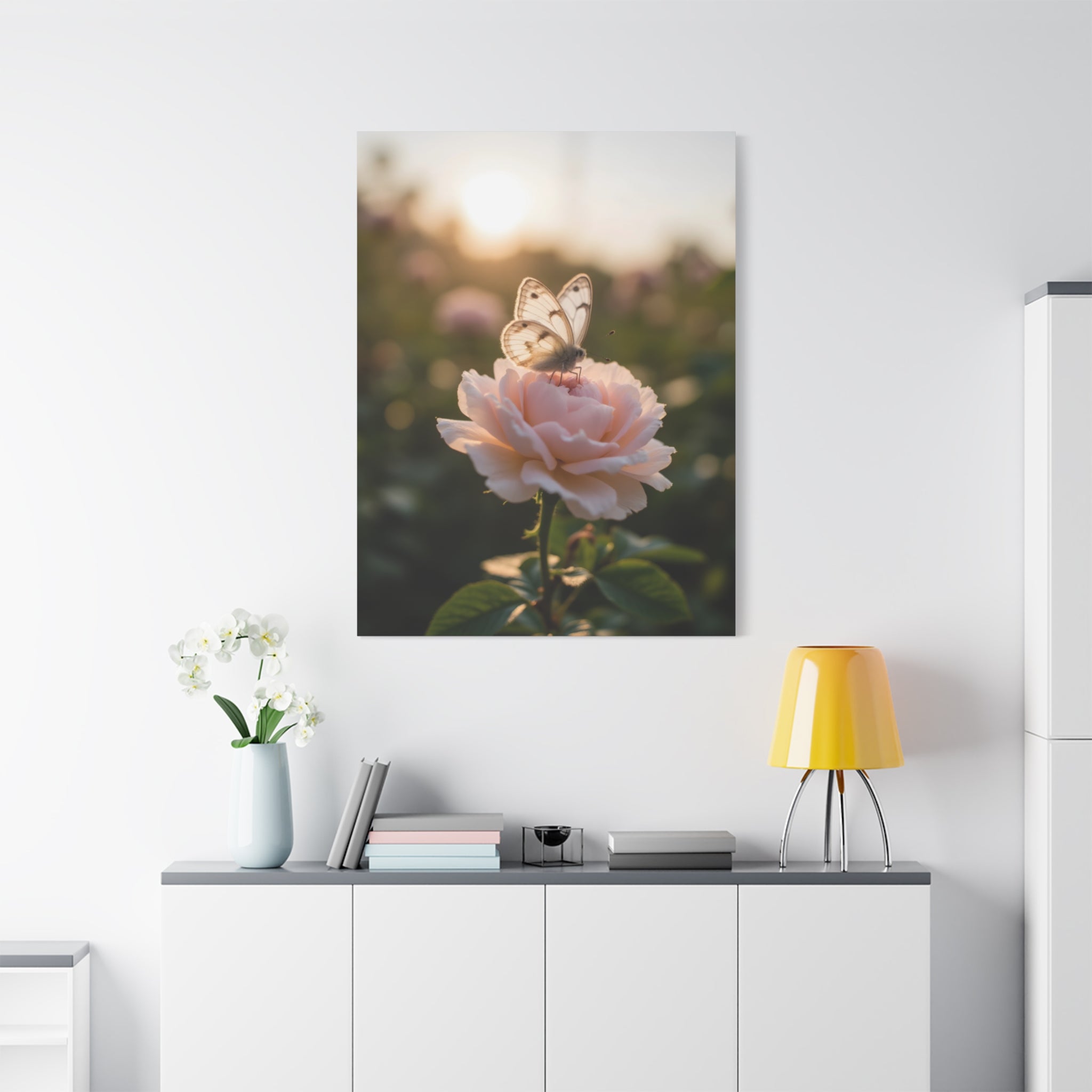 Butterfly on Pink Rose Wall Art - Stretched Canvas