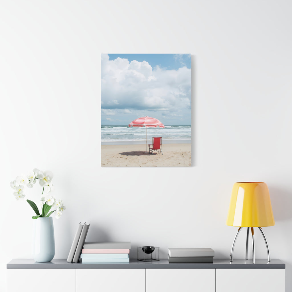 Sun-drenched beach memory with beach chair and umbrella Canvas Wall Art - Stretched Canvas