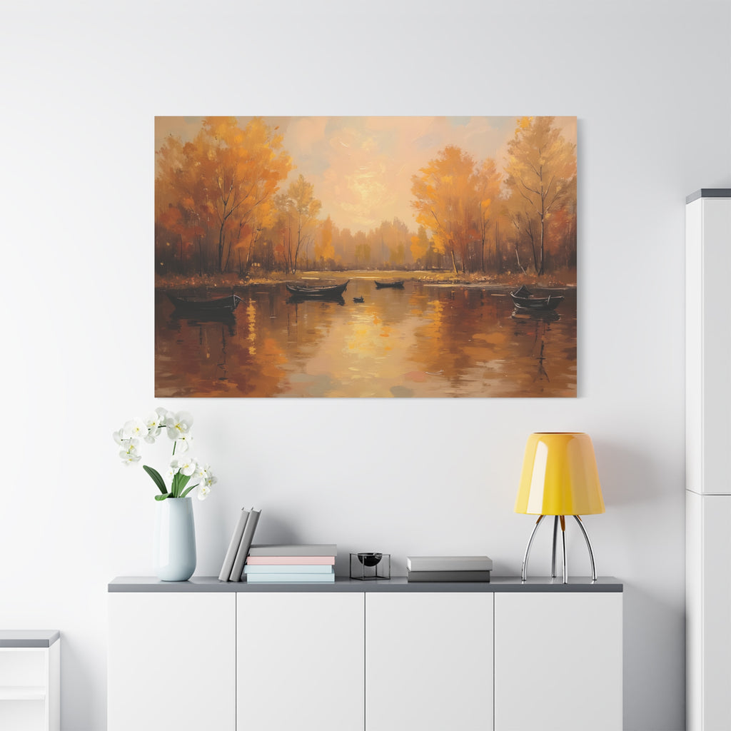 Autumn at the lake with rowboats Wall Art - Stretched Canvas
