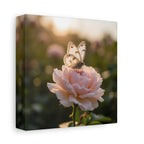 Butterfly on Pink Rose Wall Art - Stretched Canvas