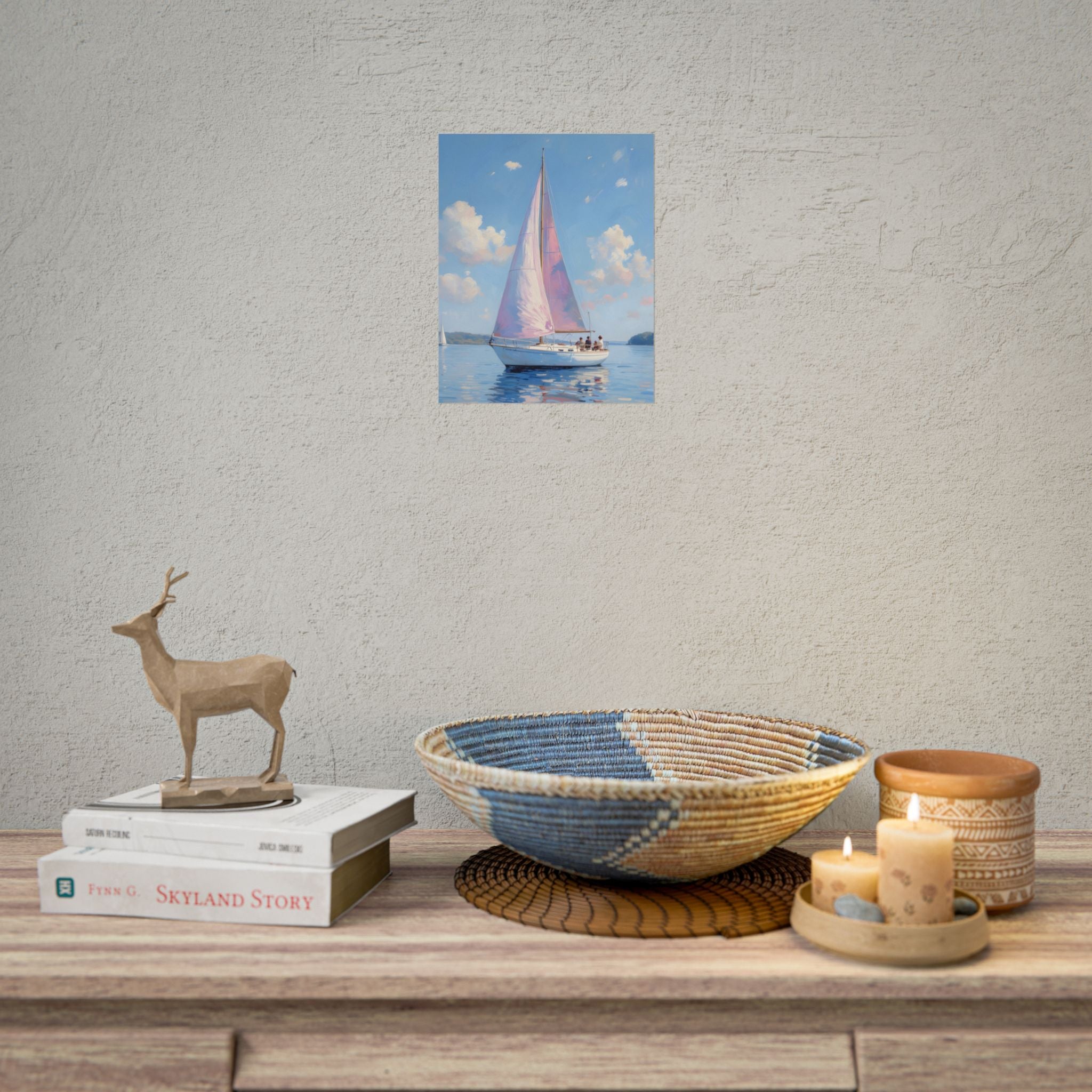 Sailing boat on calm water with pink accents - Poster