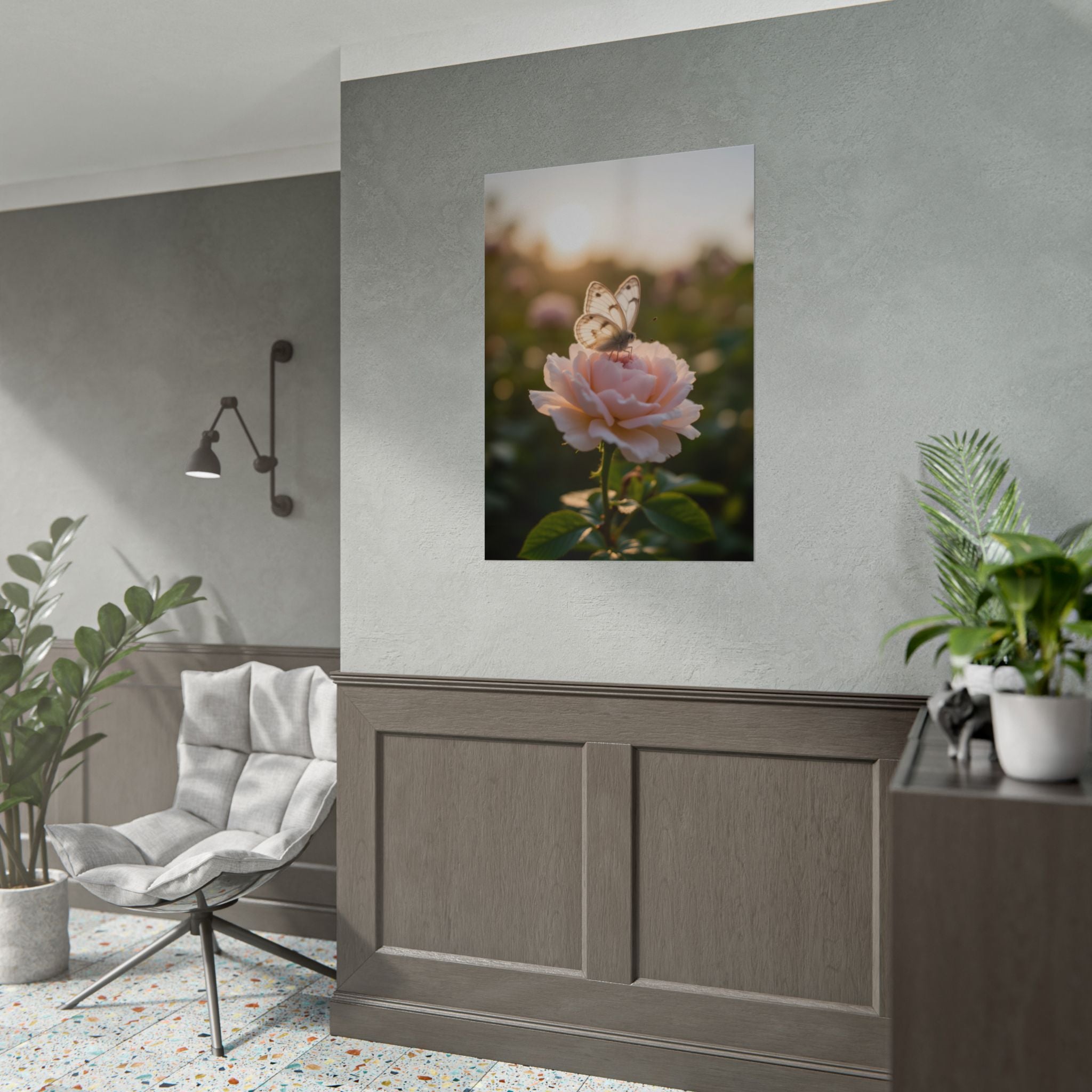 Butterfly on Pink Rose Wall Art - Poster
