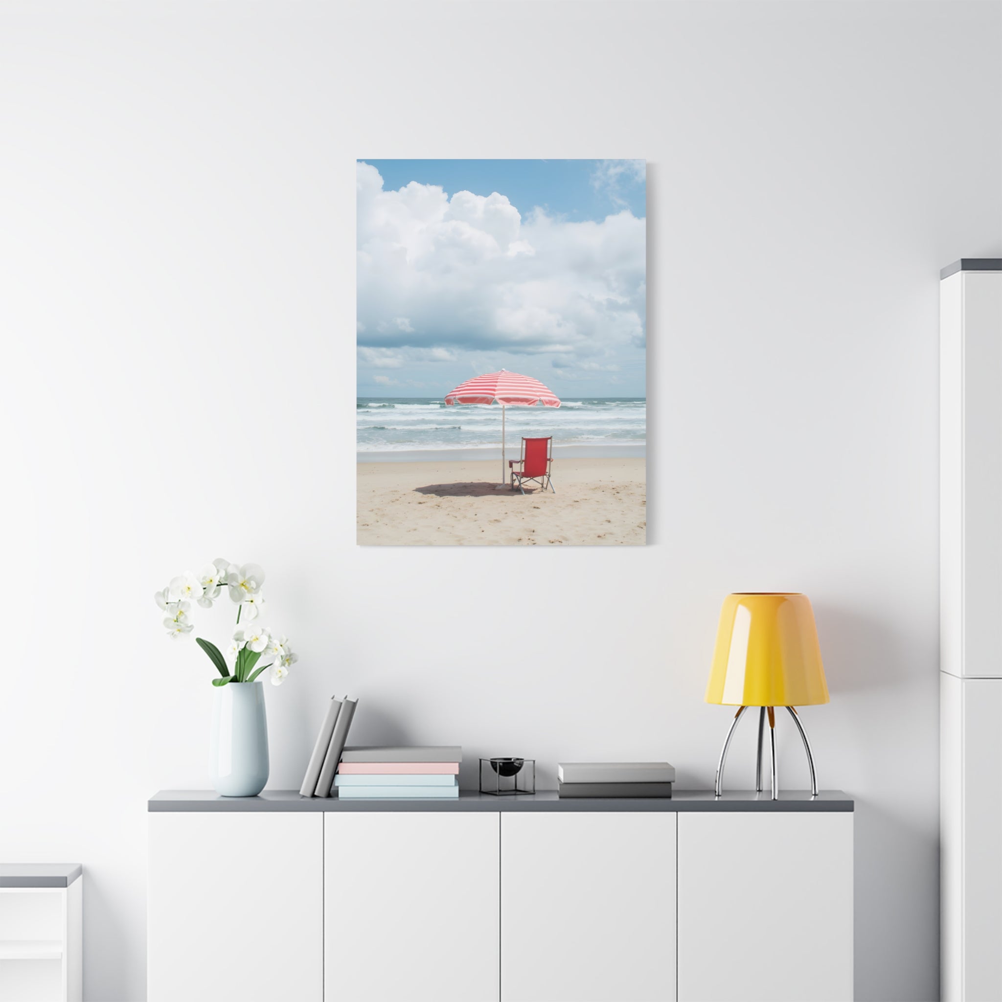 Sun-drenched beach memory with beach chair and umbrella Canvas Wall Art - Stretched Canvas