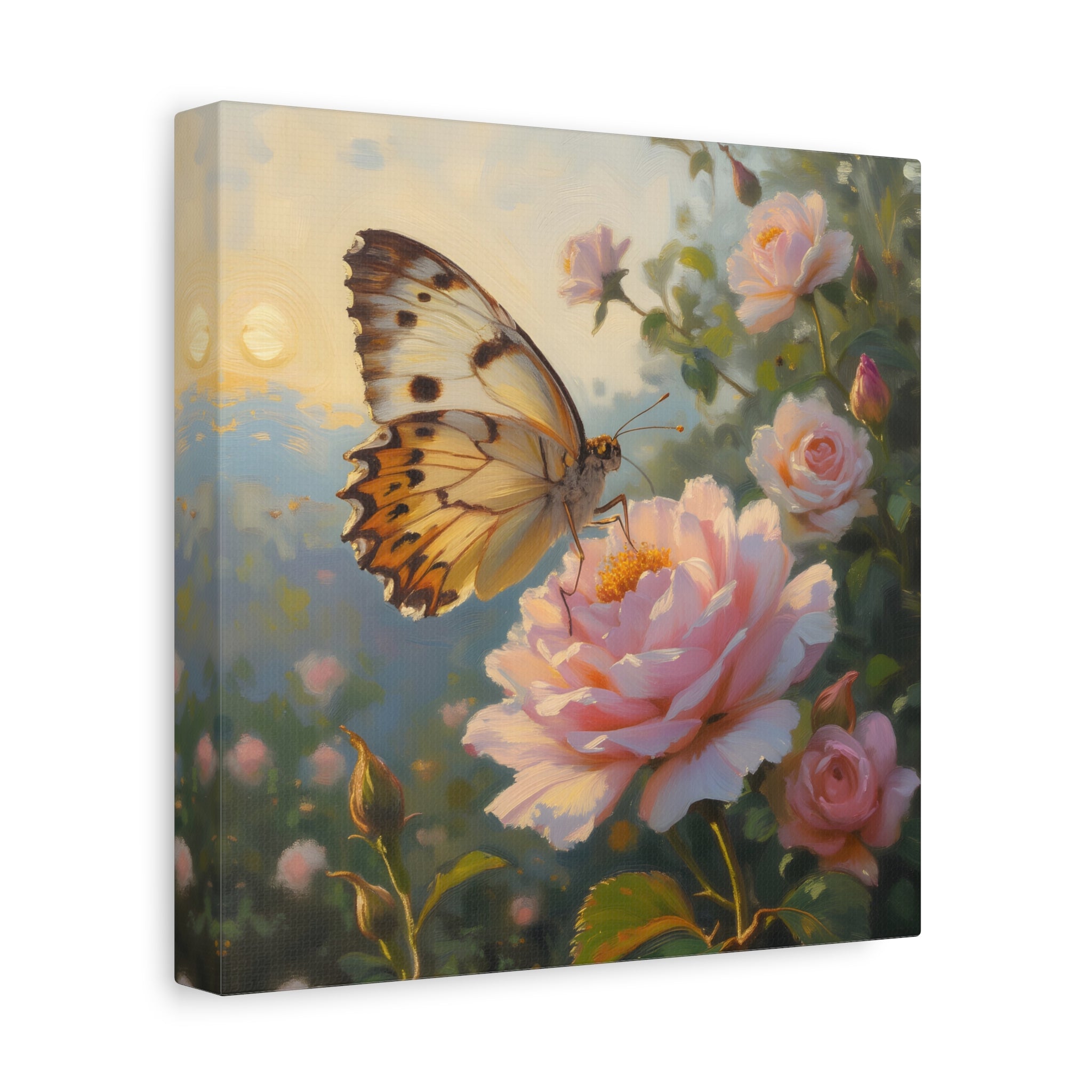 Butterfly on Pink Rose Wall Art - Stretched Canvas