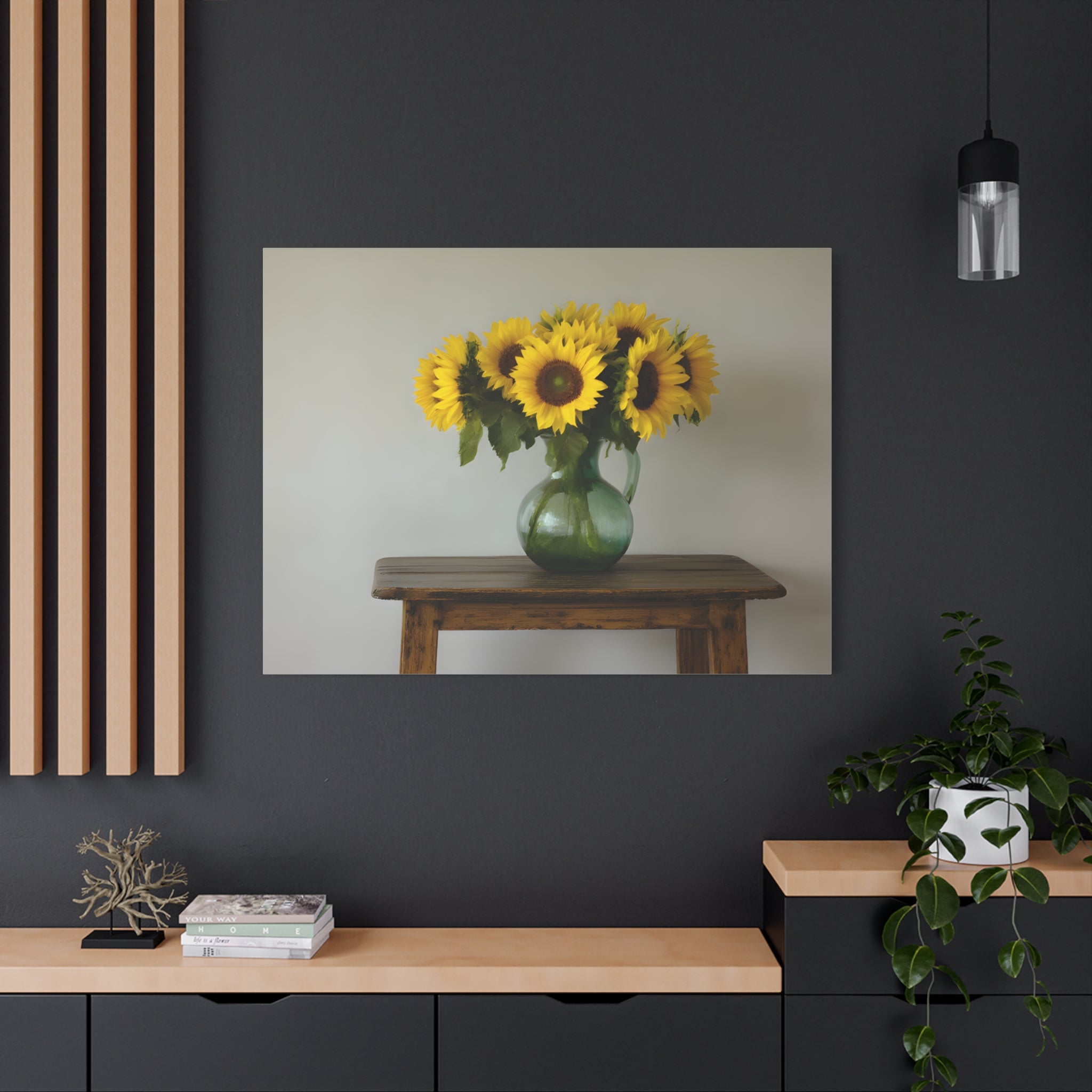 Sunflowers in Green Pitcher Wall Art - Stretched Canvas