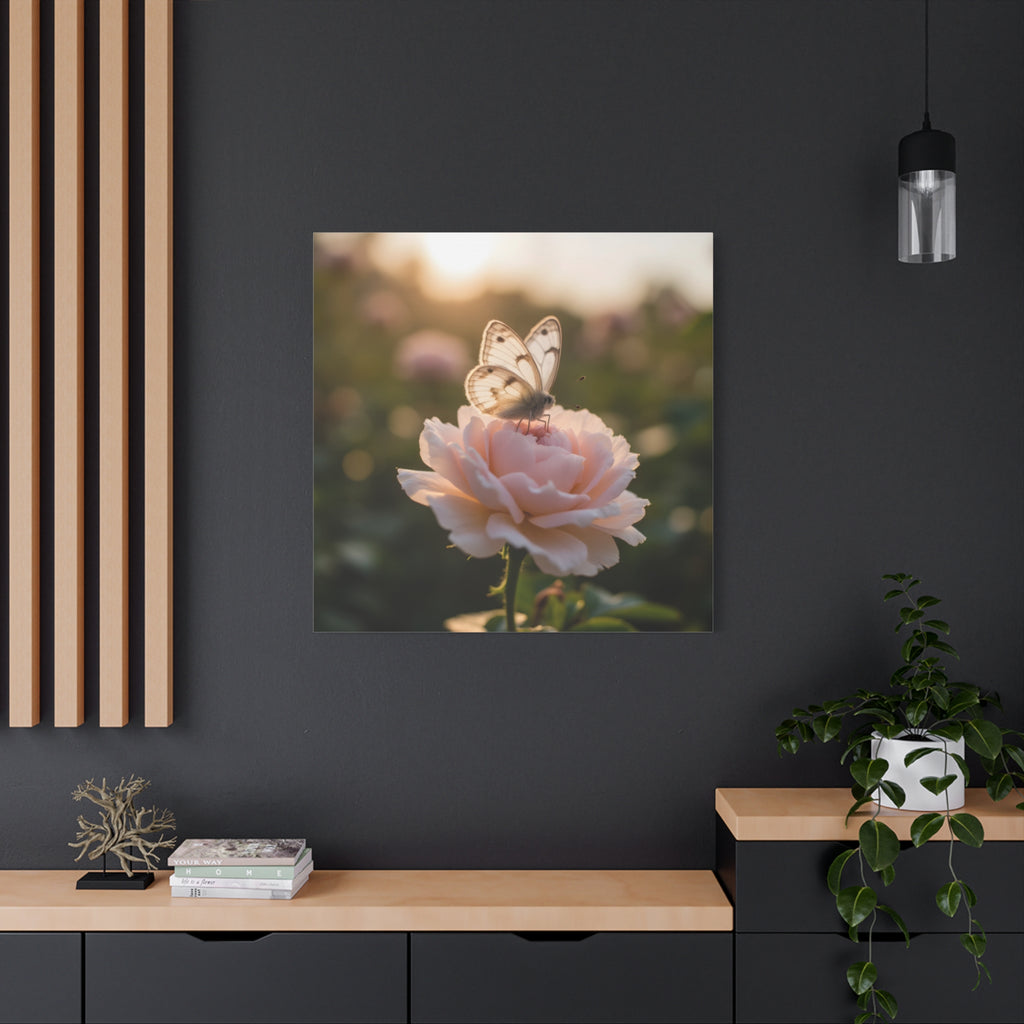 Butterfly on Pink Rose Wall Art - Stretched Canvas