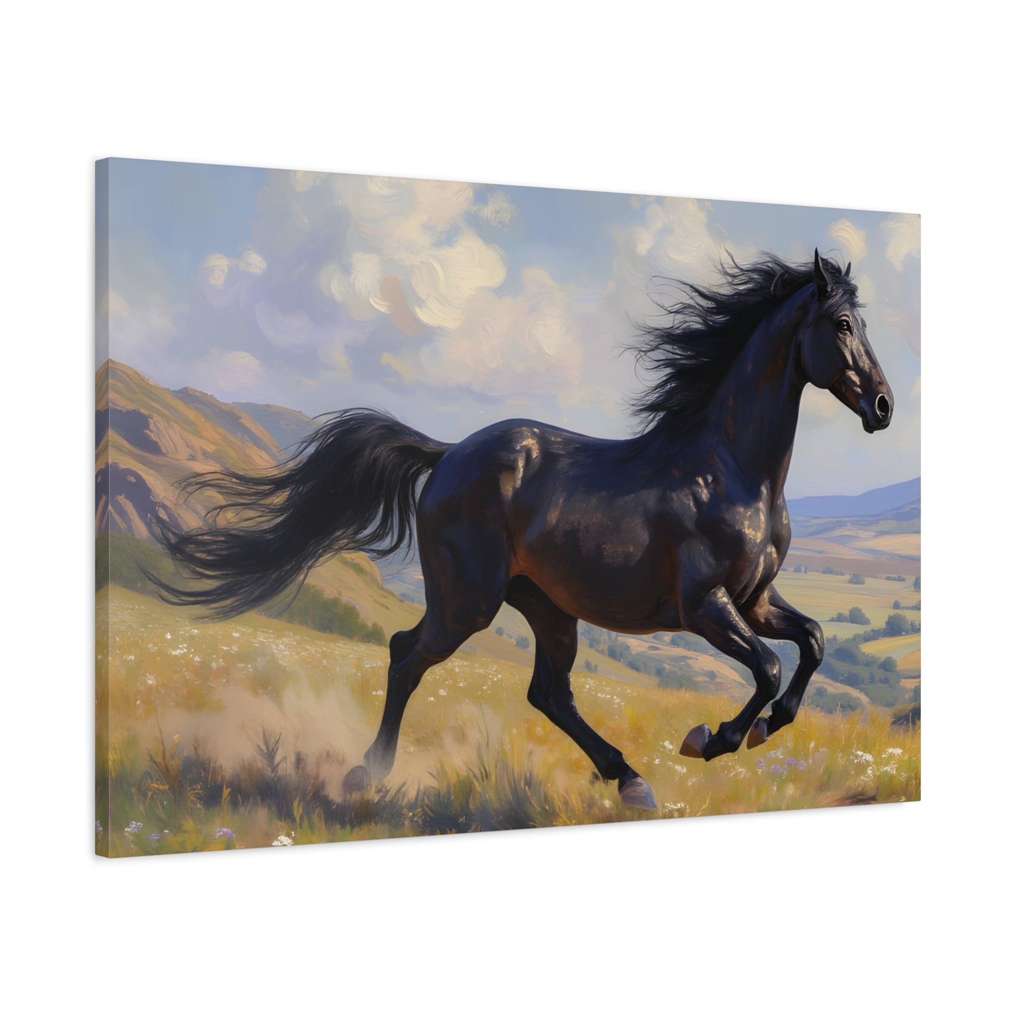 Running Black Stallion Wall Art - Horse Painting - Stretched Canvas