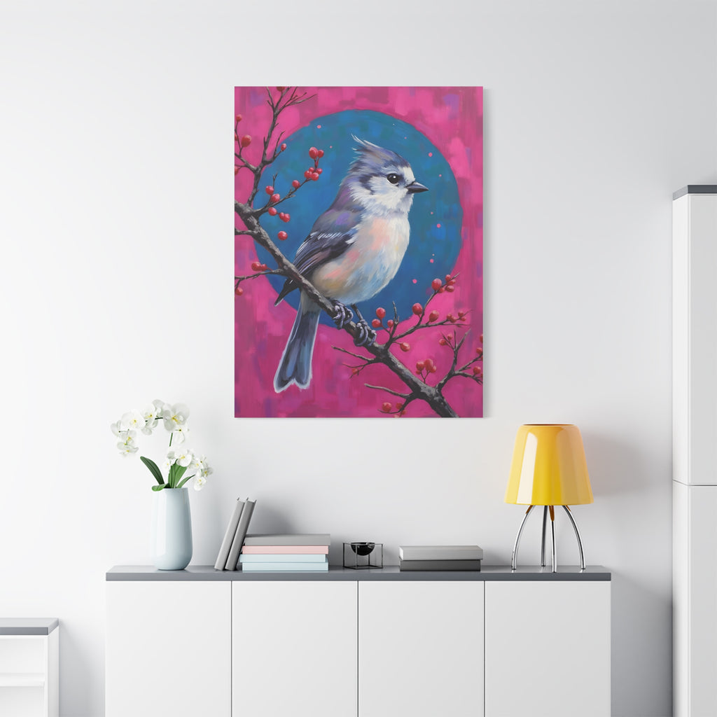 Blue jay on a holly branch Wall Art - Stretched Canvas