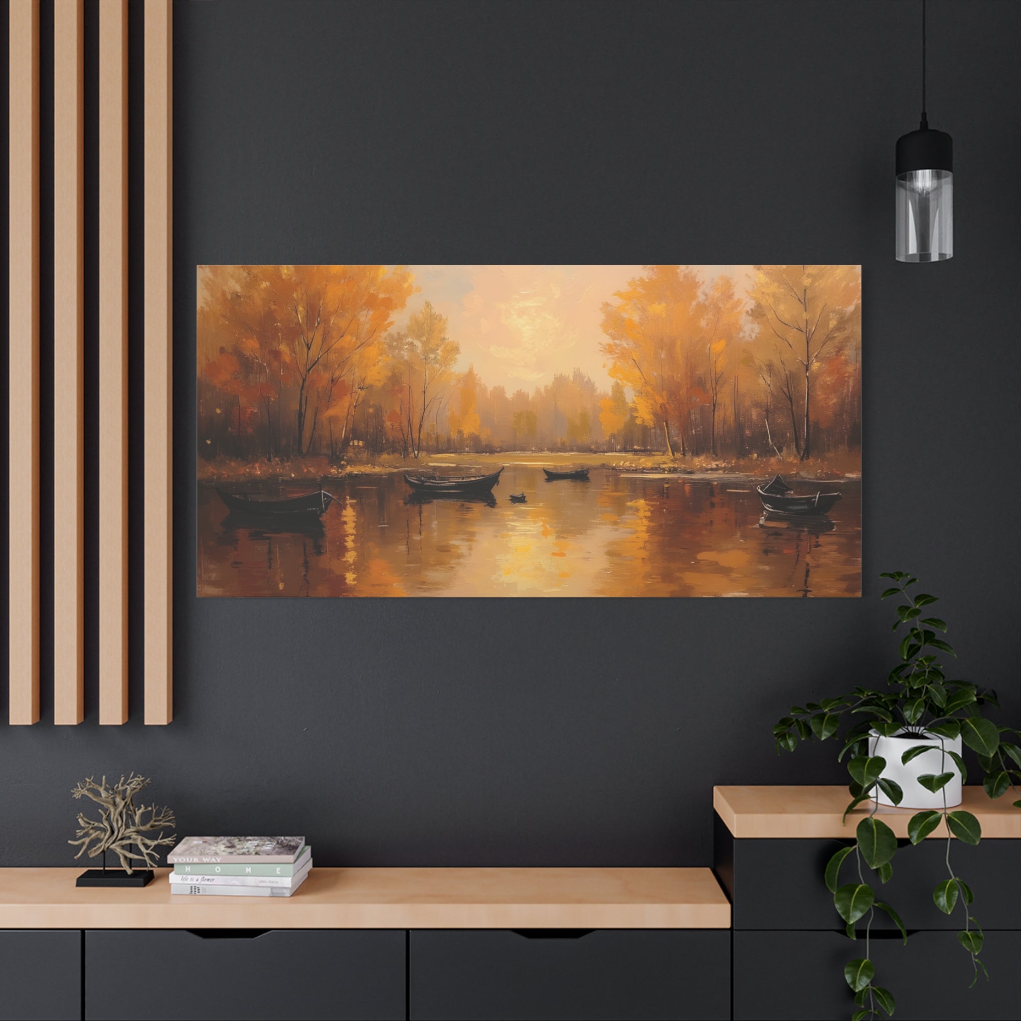 Autumn at the lake with rowboats Wall Art - Stretched Canvas