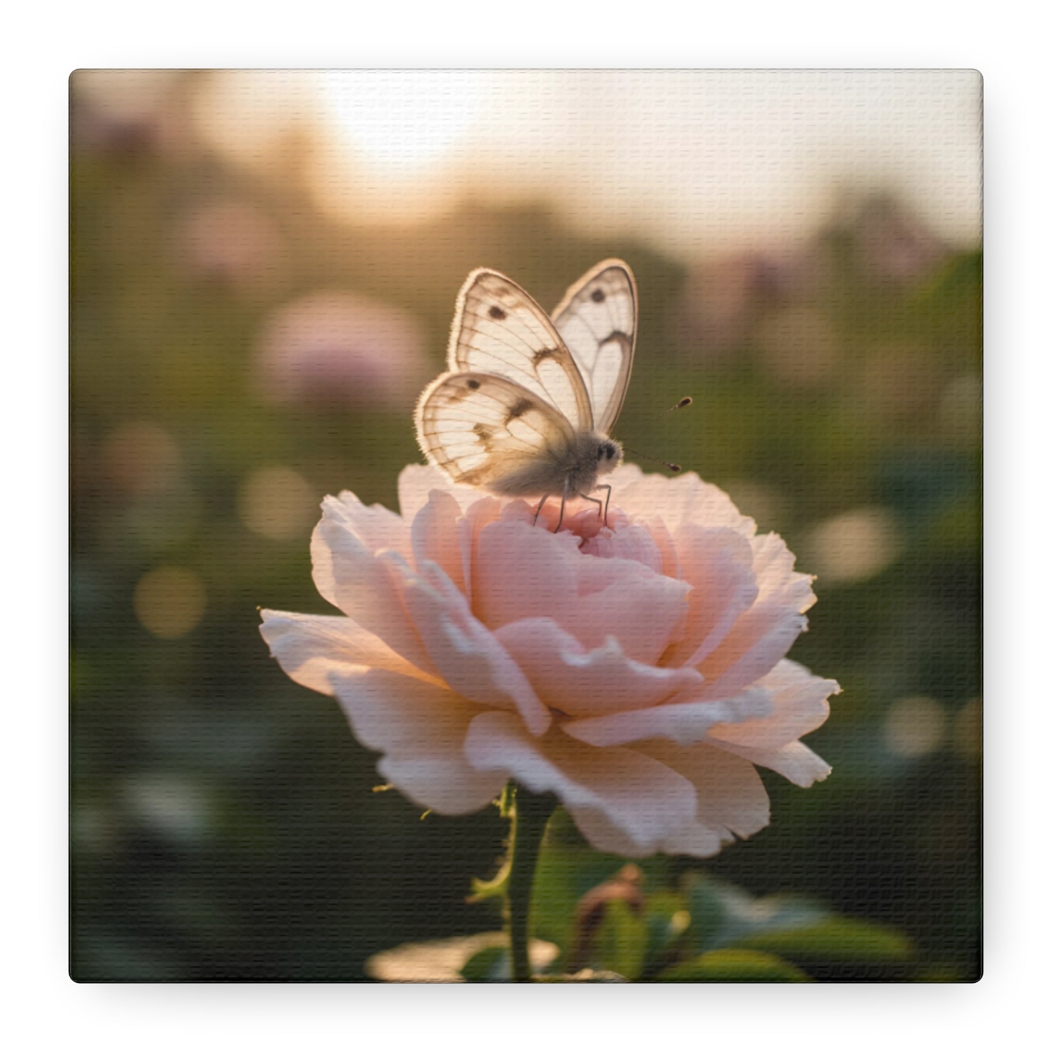 Butterfly on Pink Rose Wall Art - Stretched Canvas