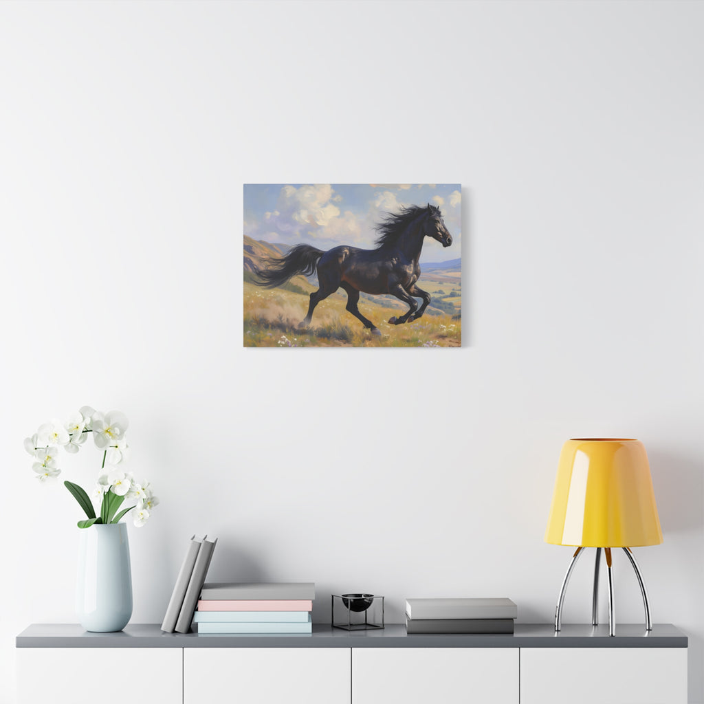 Running Black Stallion Wall Art - Horse Painting - Stretched Canvas