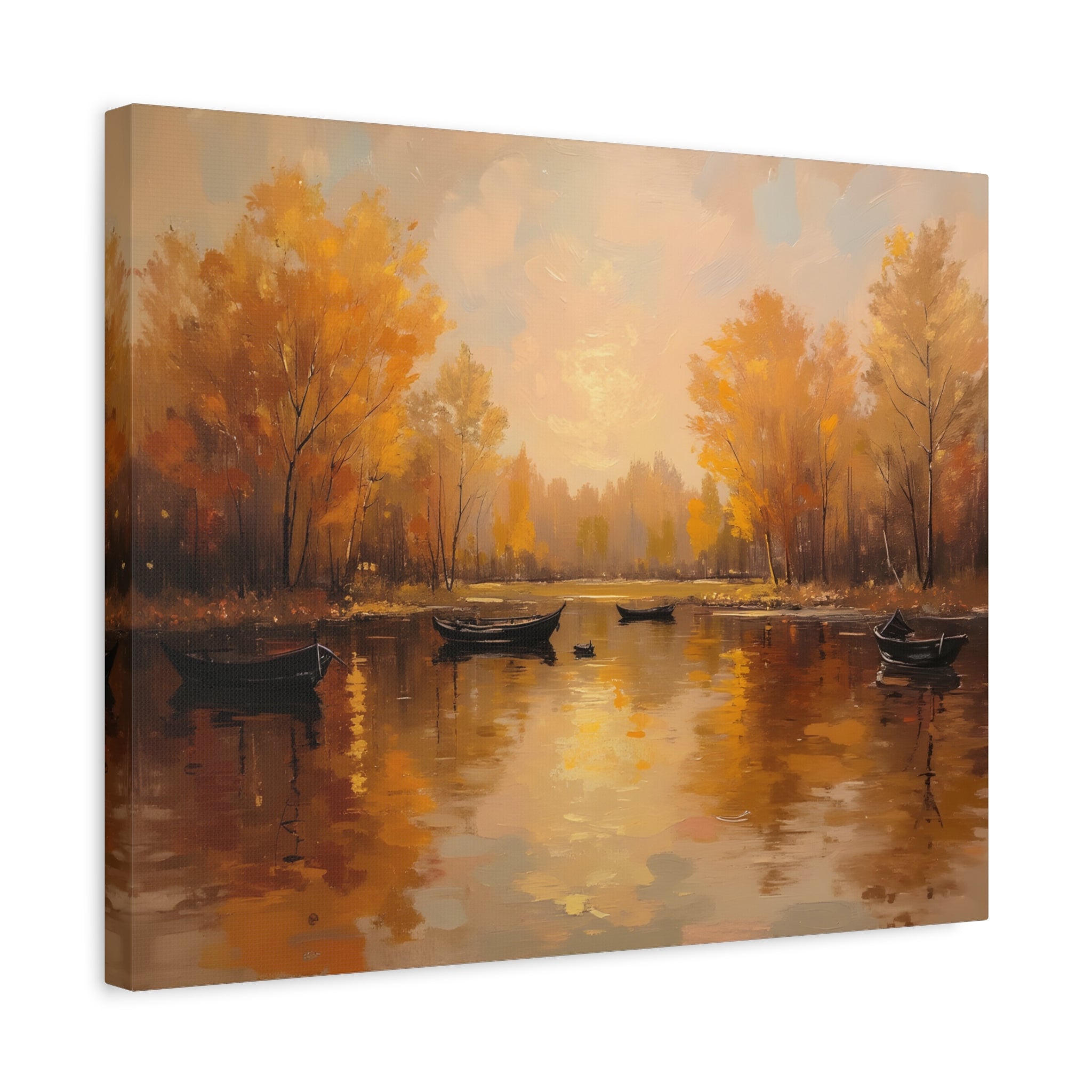 Autumn at the lake with rowboats Wall Art - Stretched Canvas
