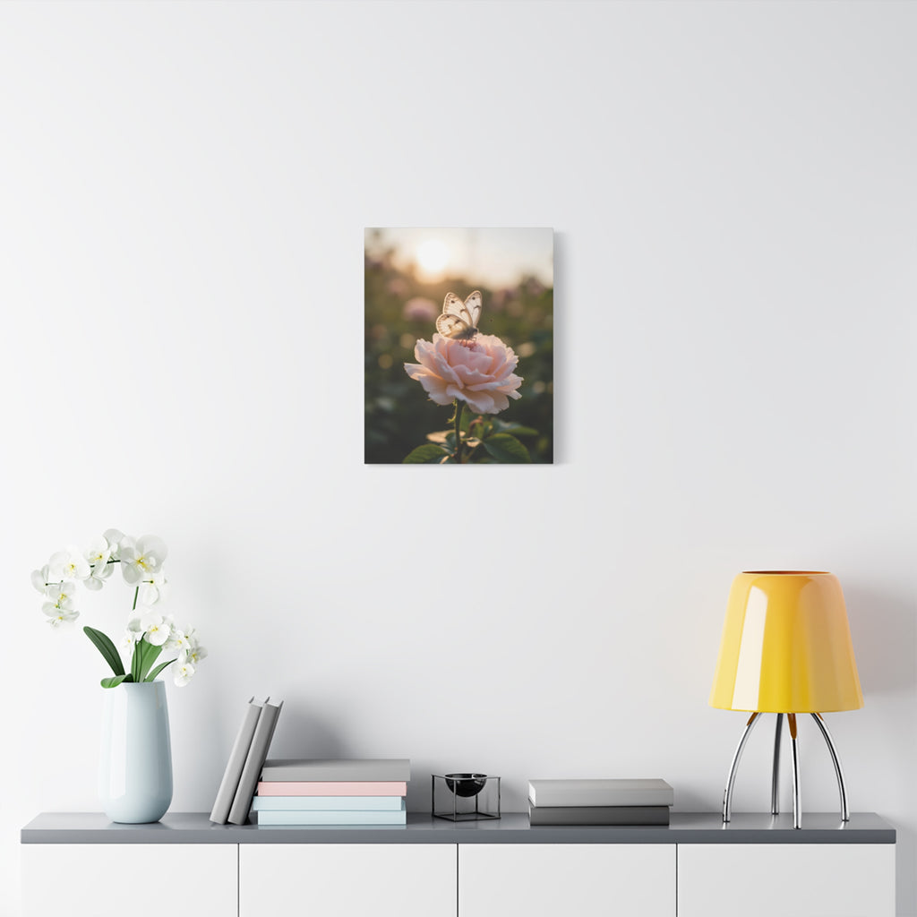 Butterfly on Pink Rose Wall Art - Stretched Canvas