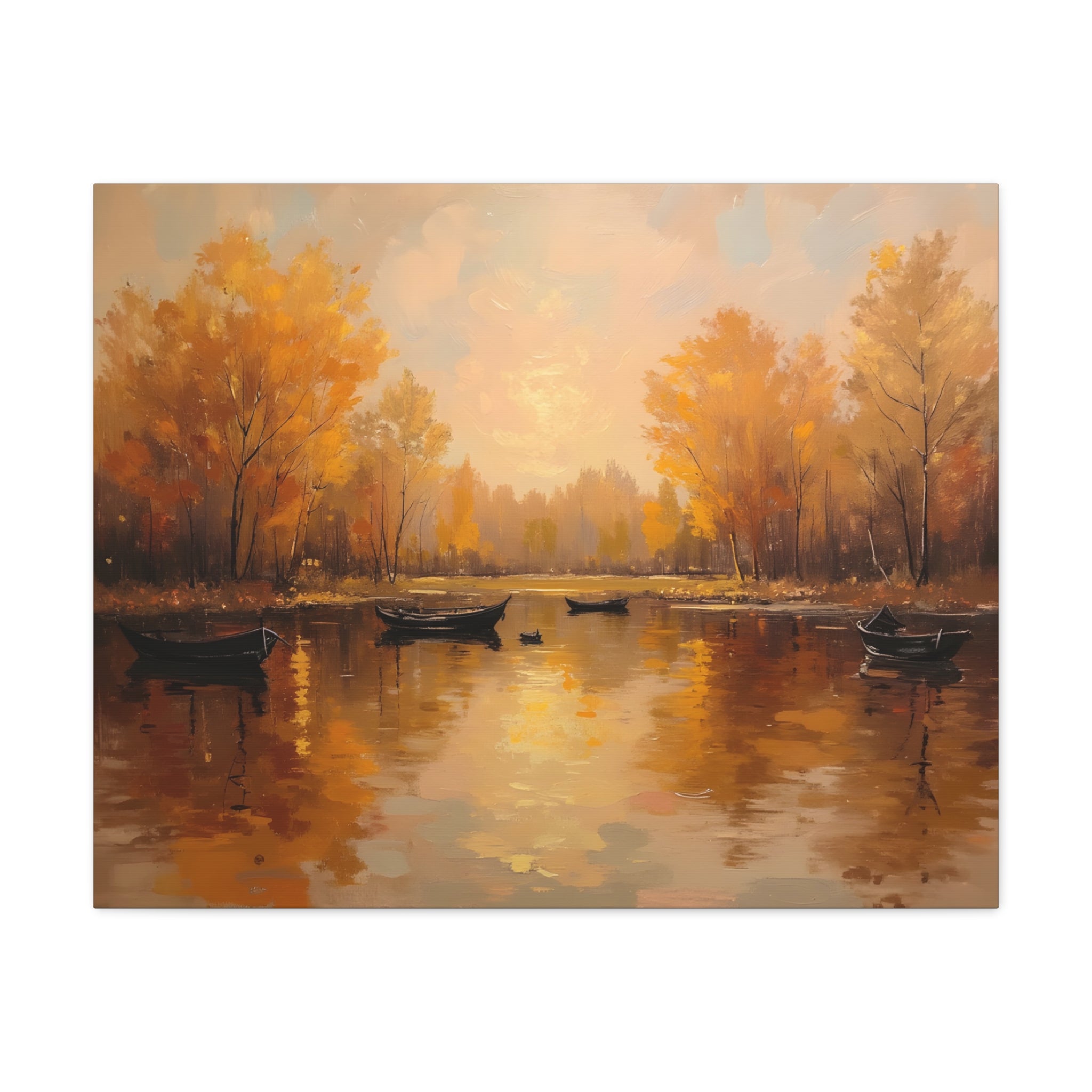 Autumn at the lake with rowboats Wall Art - Stretched Canvas
