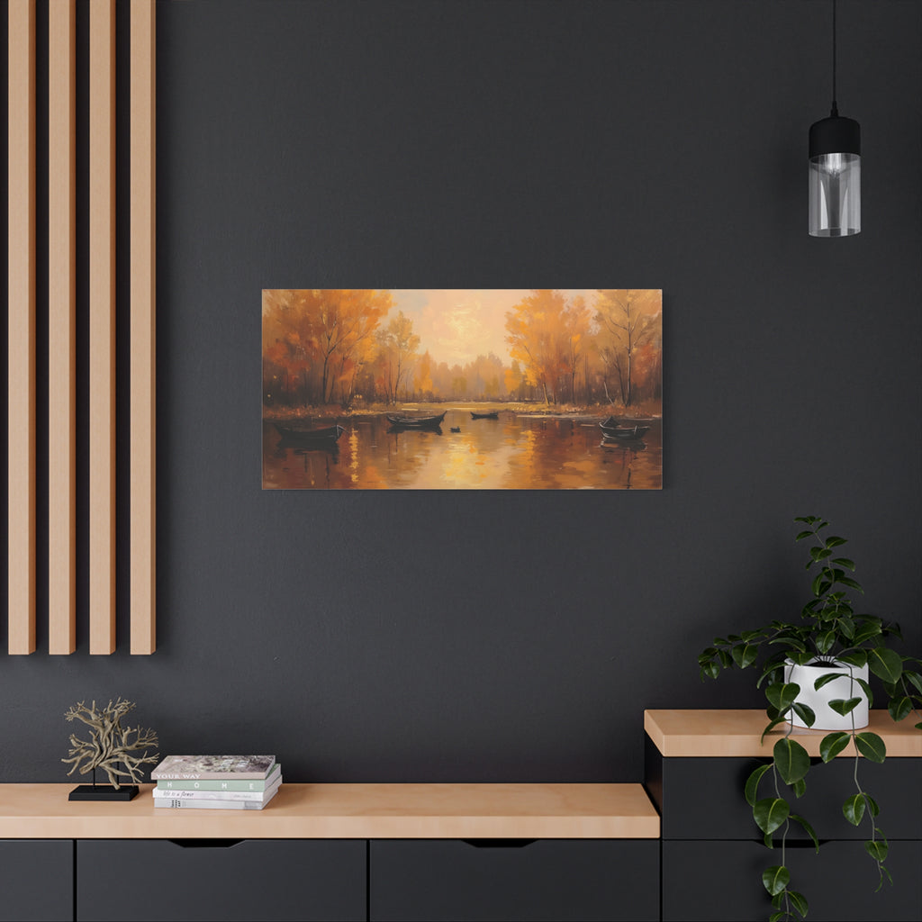 Autumn at the lake with rowboats Wall Art - Stretched Canvas