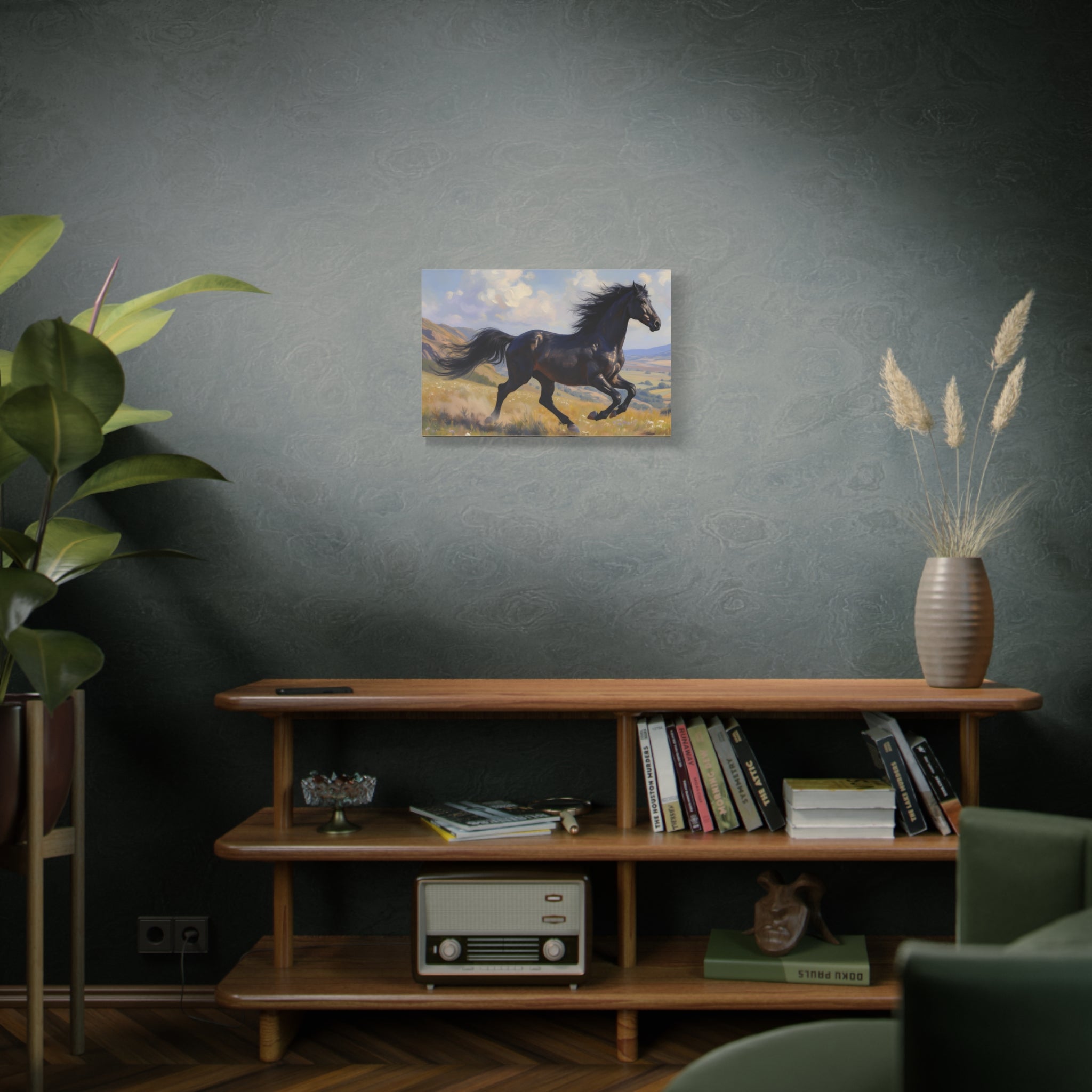 Running Black Stallion Wall Art - Horse Painting - Stretched Canvas