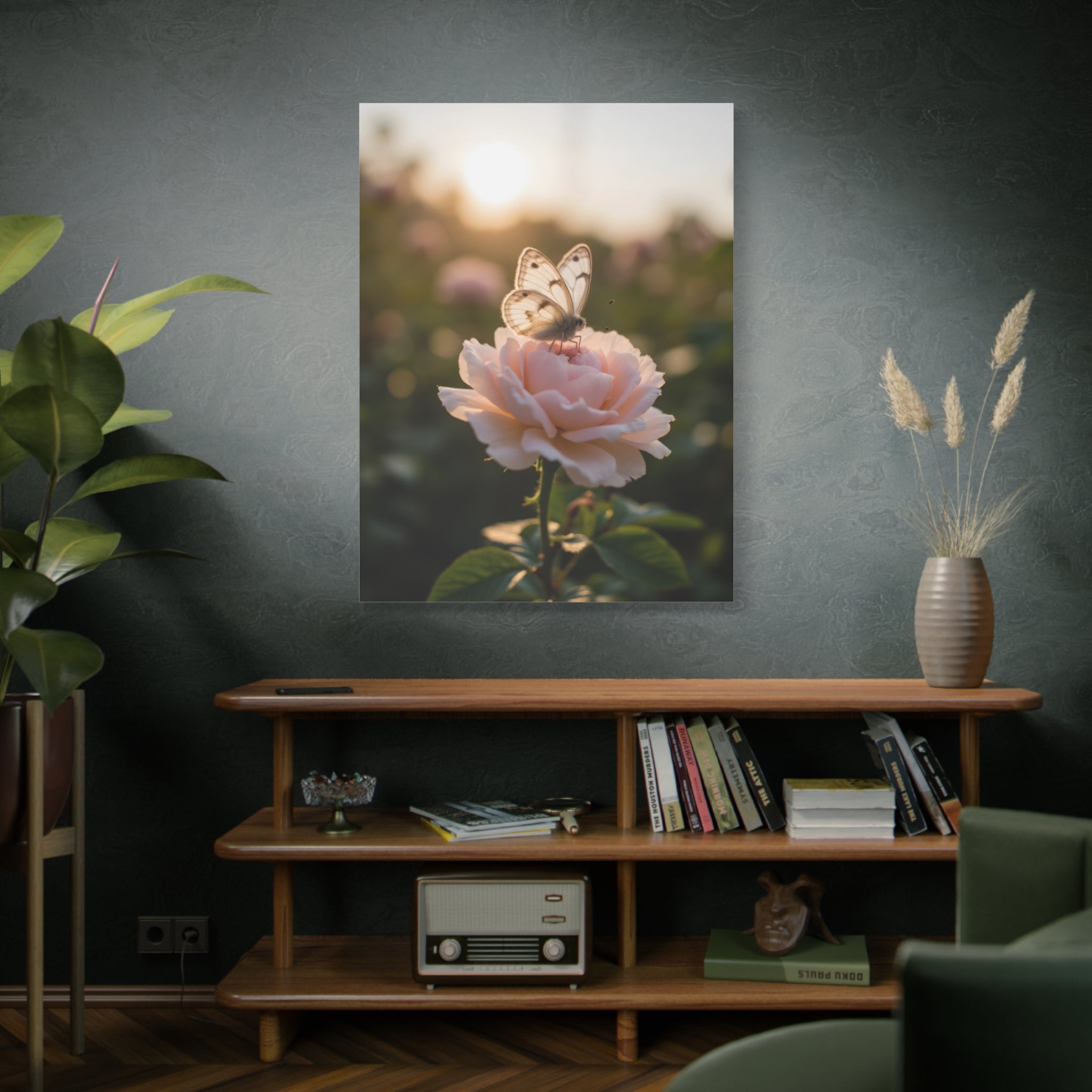 Butterfly on Pink Rose Wall Art - Stretched Canvas