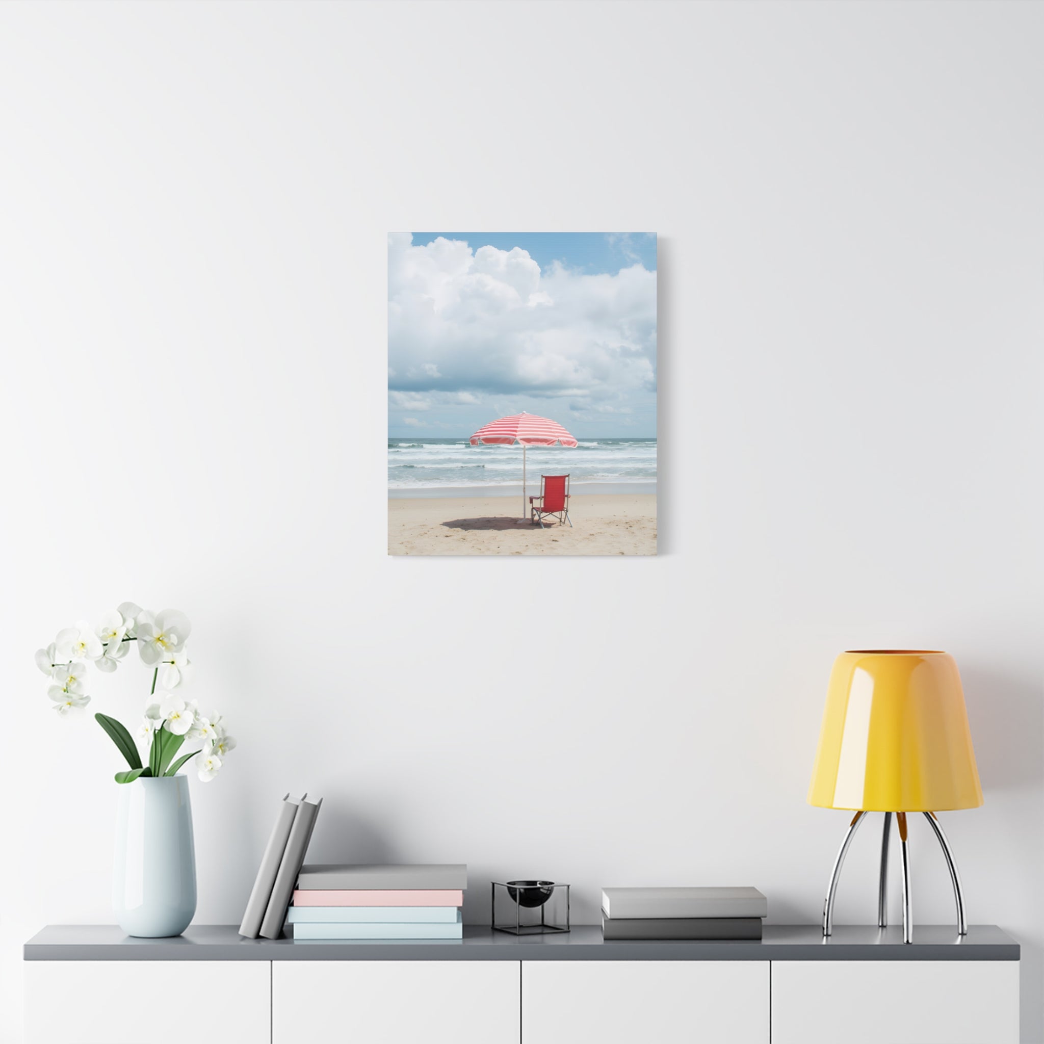 Sun-drenched beach memory with beach chair and umbrella Canvas Wall Art - Stretched Canvas