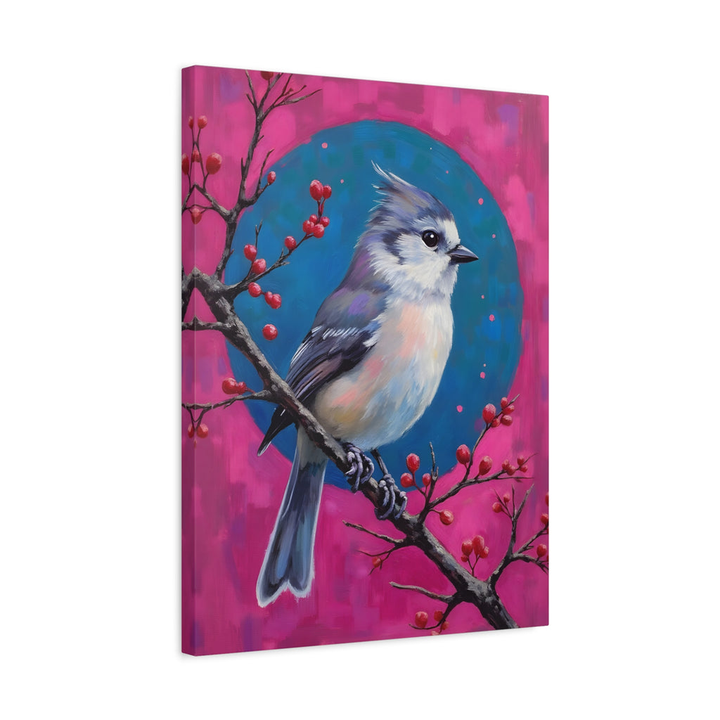 Blue jay on a holly branch Wall Art - Stretched Canvas