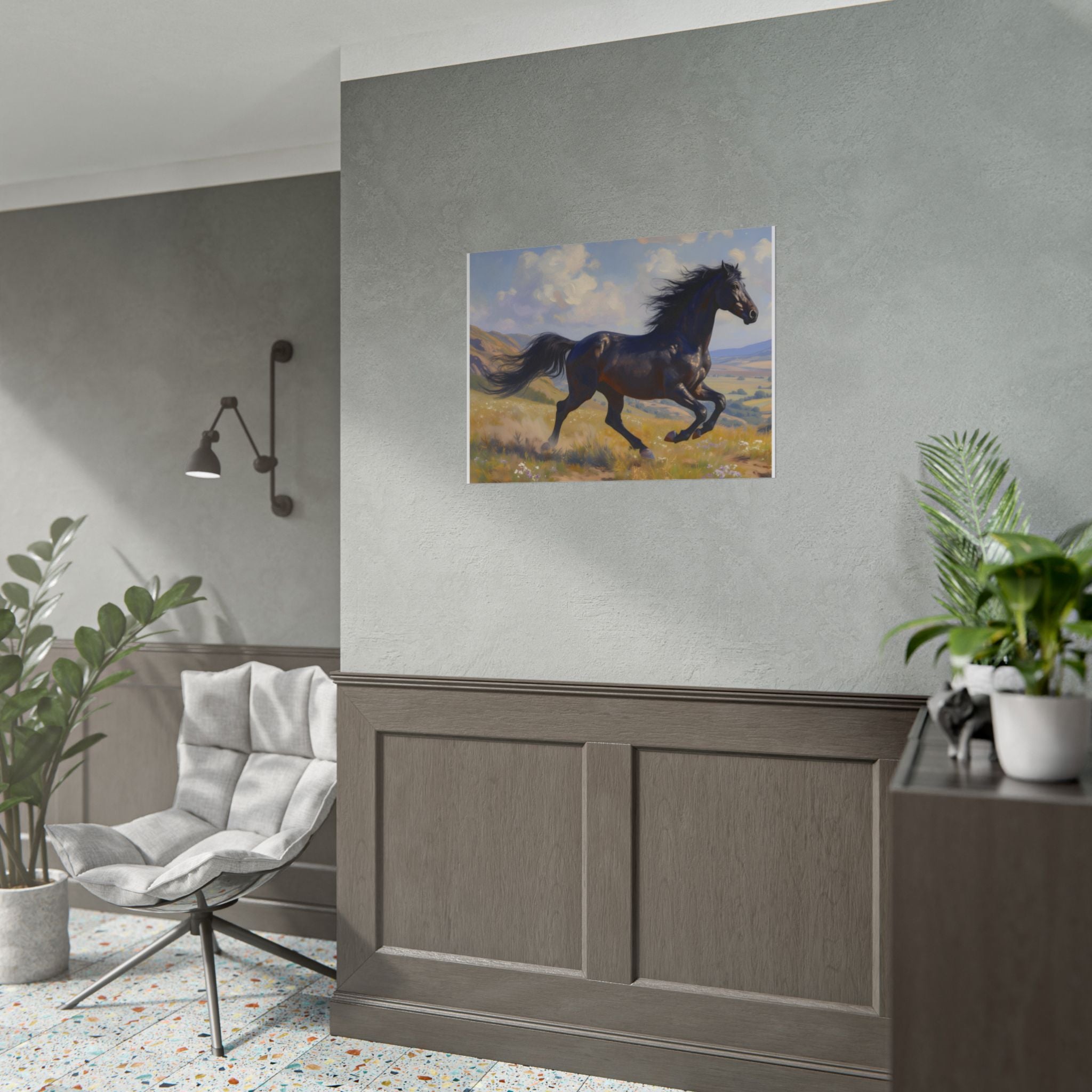 Running Black Stallion Wall Art - Horse Painting - Poster