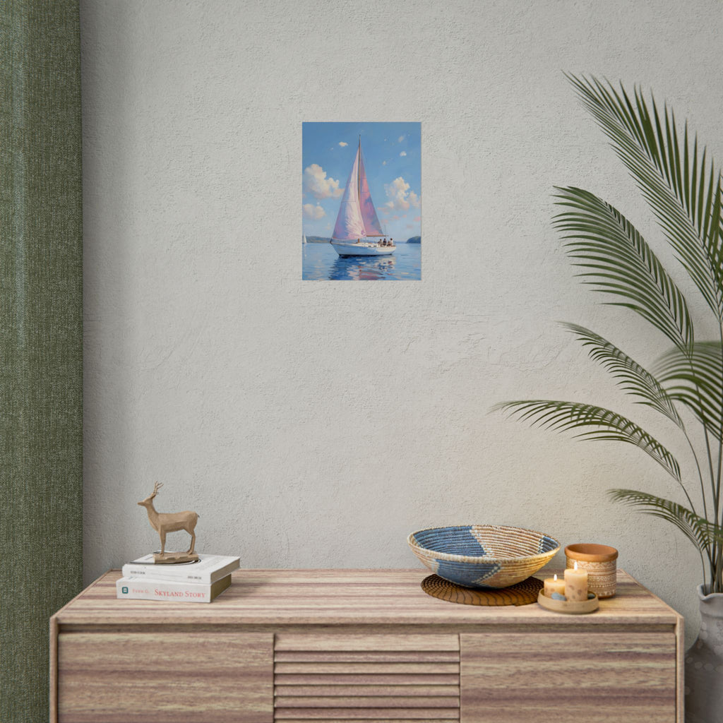 Sailing boat on calm water with pink accents - Poster