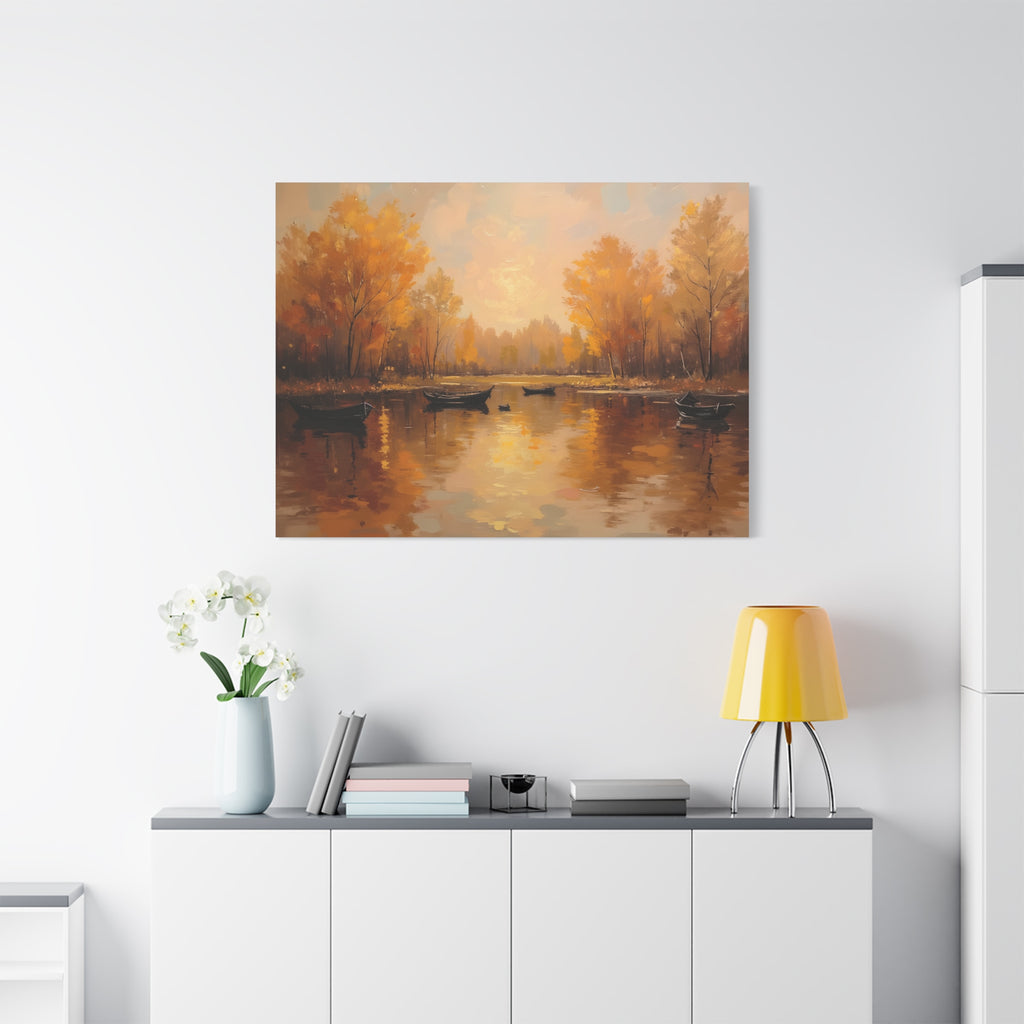 Autumn at the lake with rowboats Wall Art - Stretched Canvas